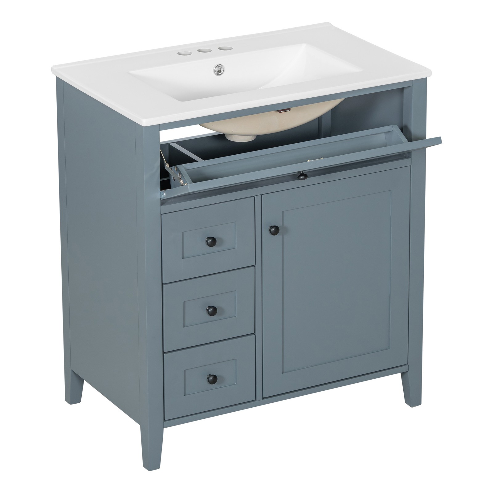 30″ Blue Gray Bathroom Vanity with Sink, 3 Drawers & Cabinet