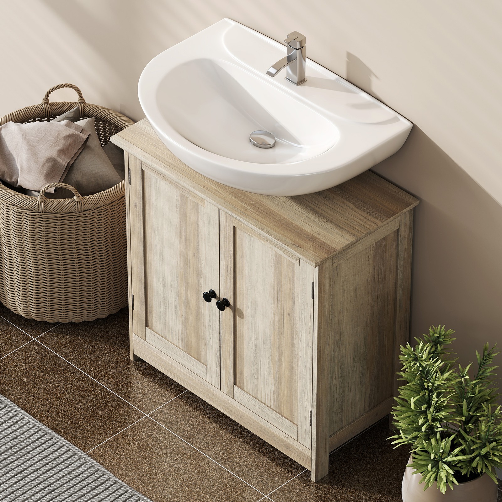 Under Sink Bathroom Cabinet with 2 Doors and Shelf, Gray Oak