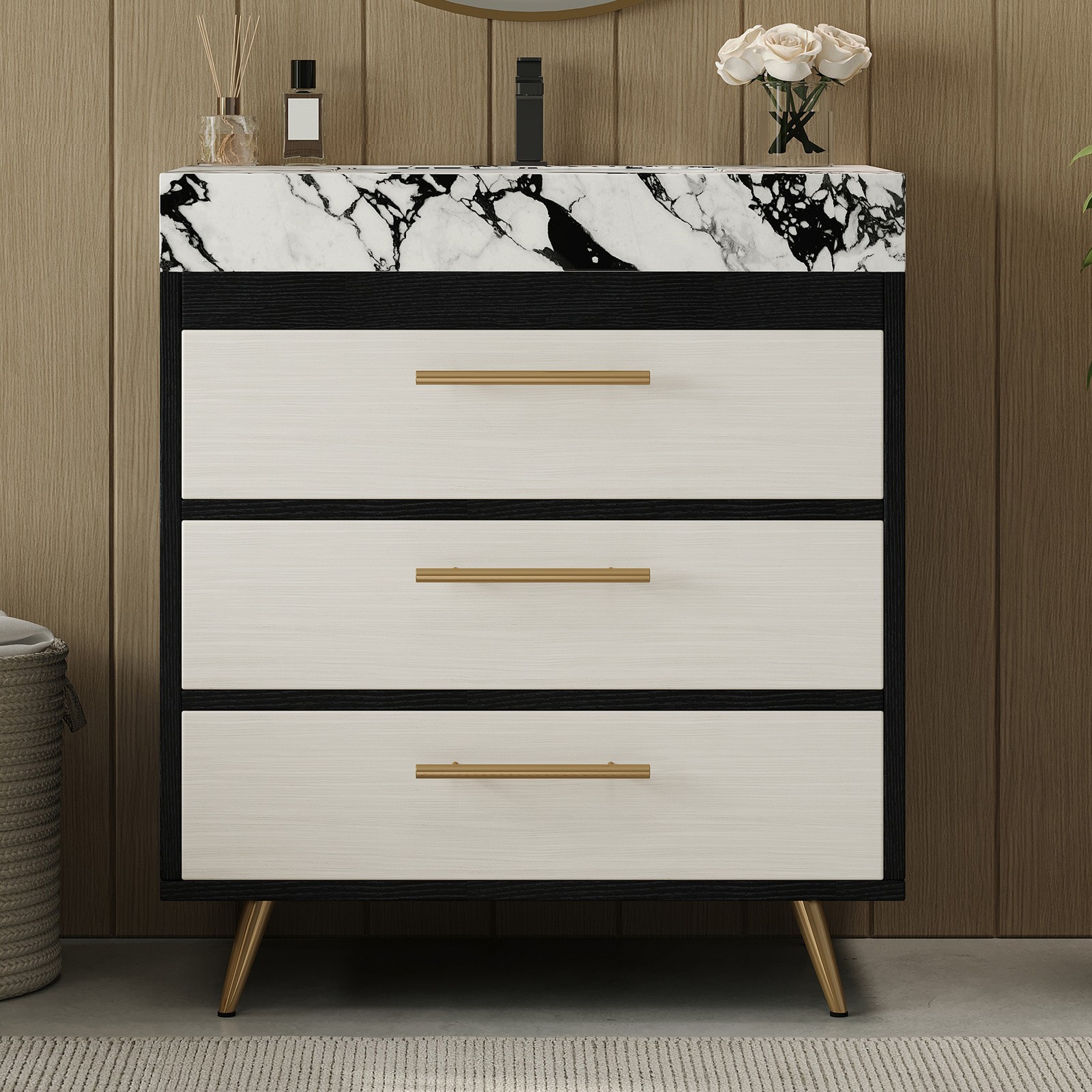 Modern Free-Standing Vanity with Sintered Stone Top & Ceramic Sink
