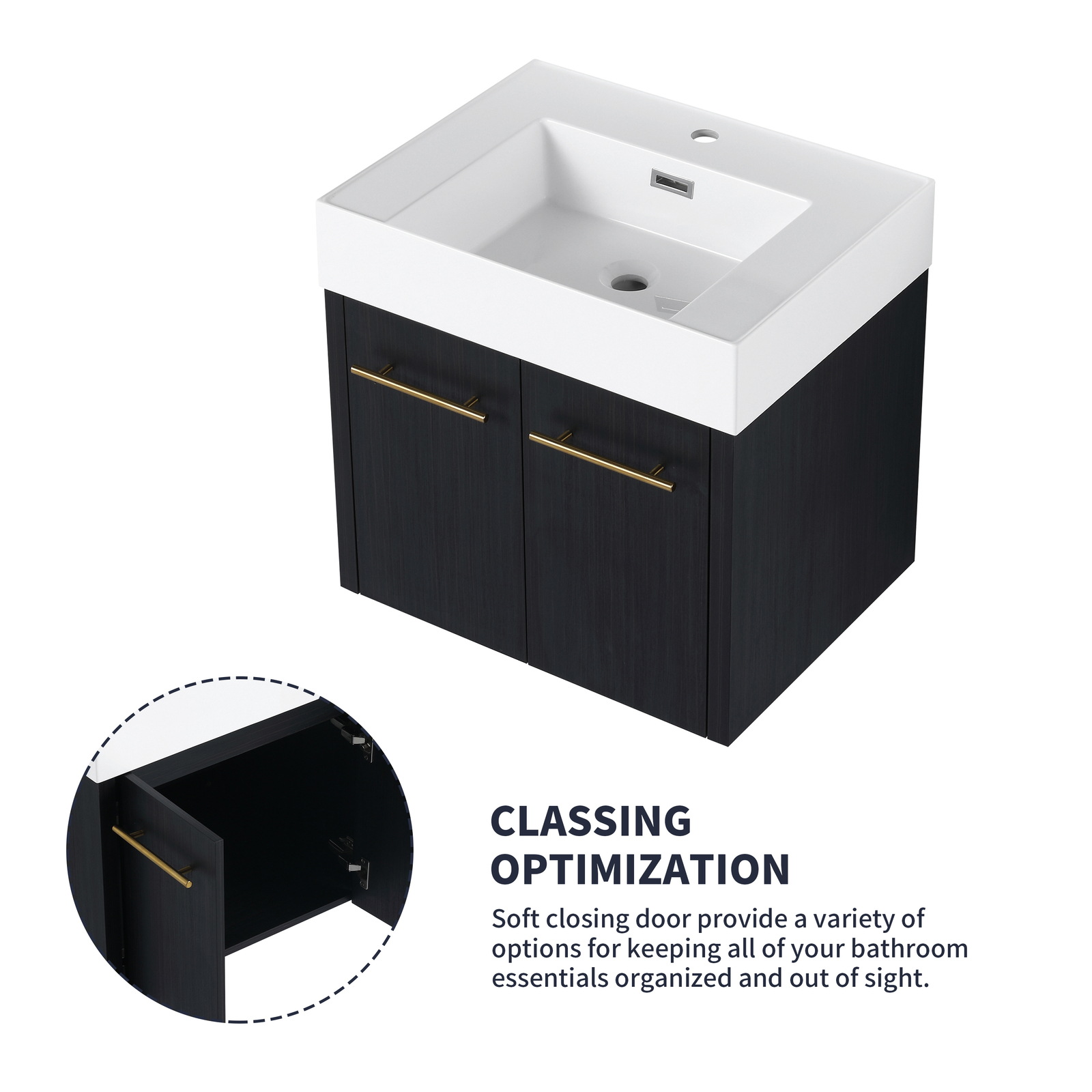 24 Inch Wooden Bathroom Vanity with Sink W/ Soft-Closing Thick Edge Resin Basin