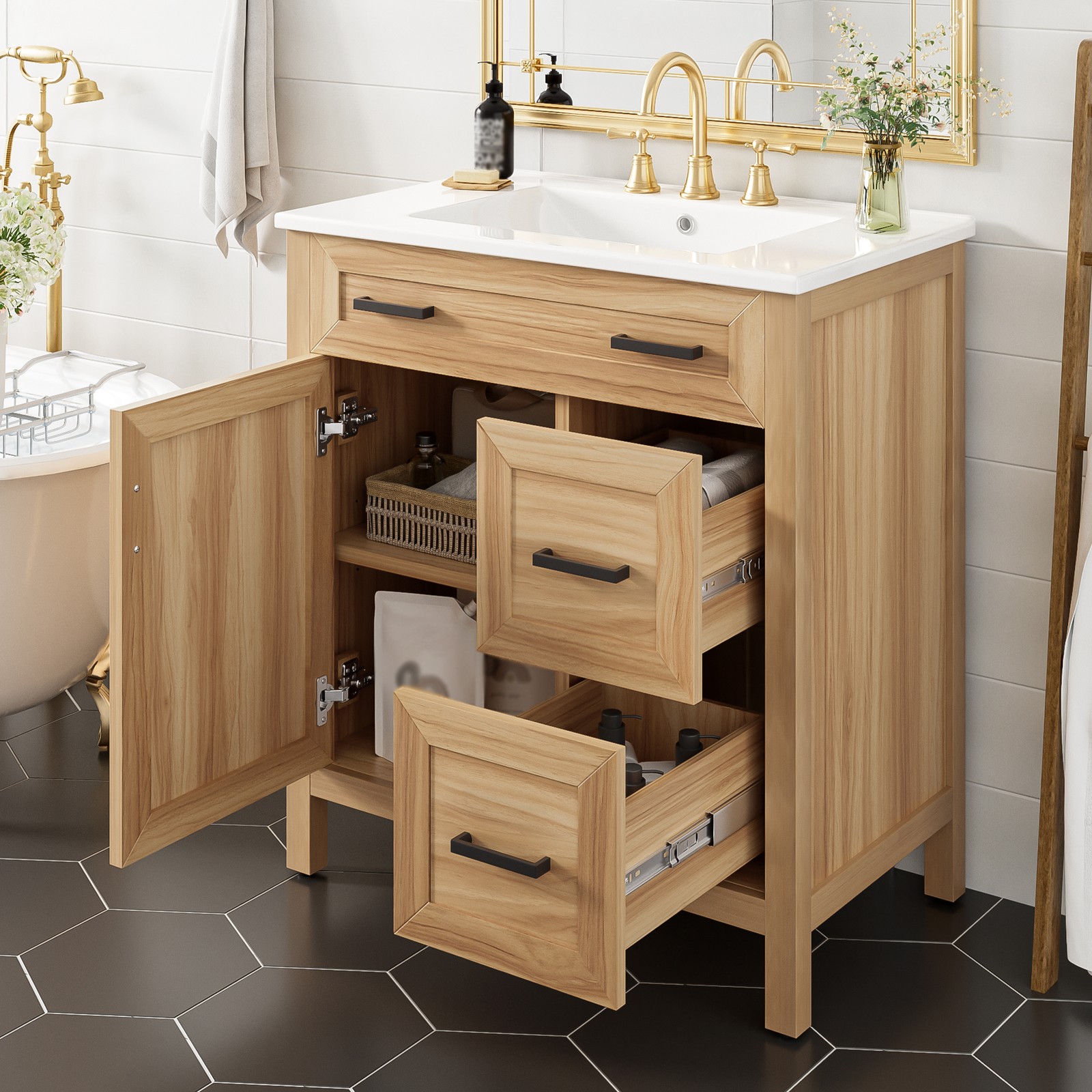 30″ Bathroom Vanity Solid Wood Frame W/Soft Close Door 2 Drawers Storage Cabinet