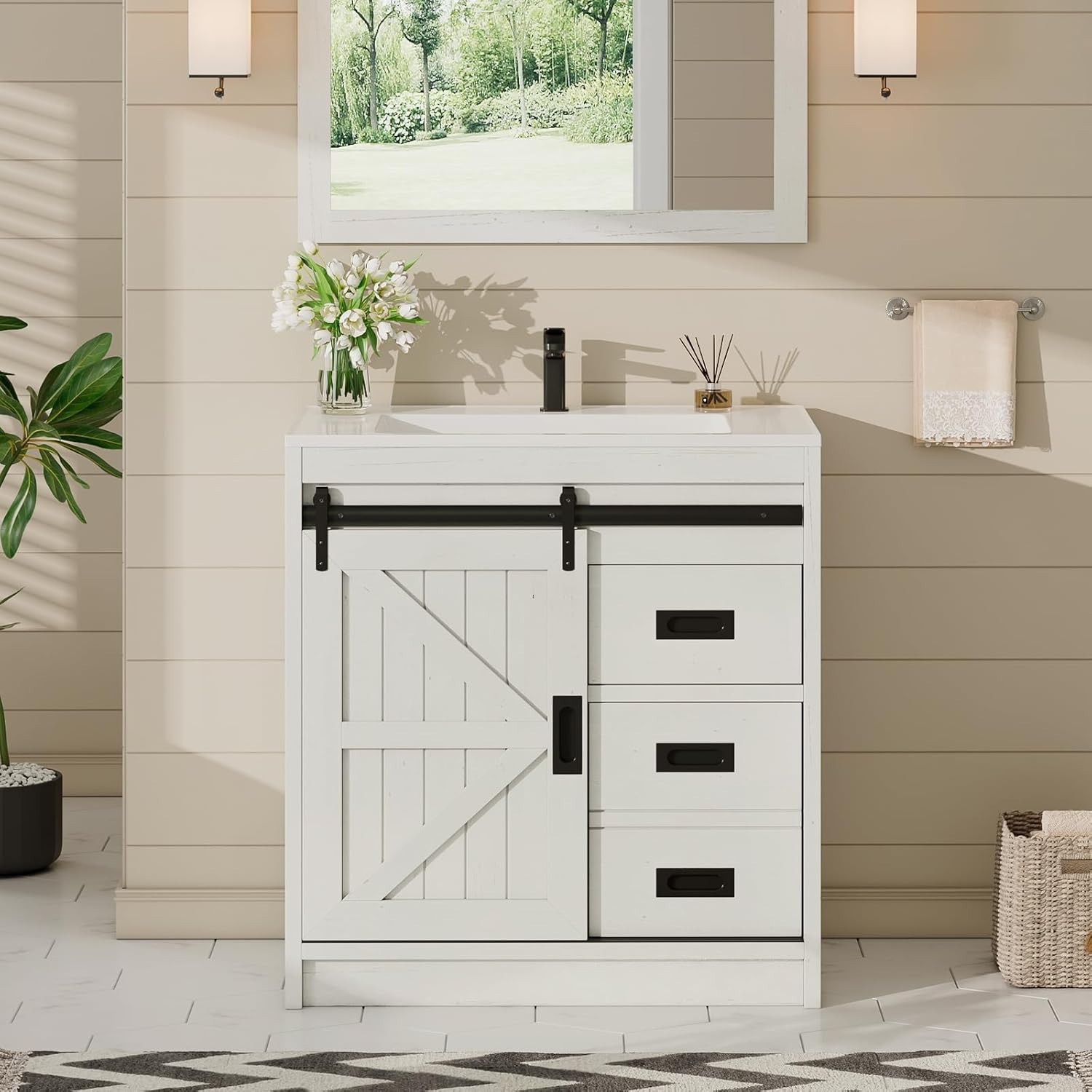 31″ Farmhouse Bathroom Vanity with Sink, Sliding Barn Door, Antique White