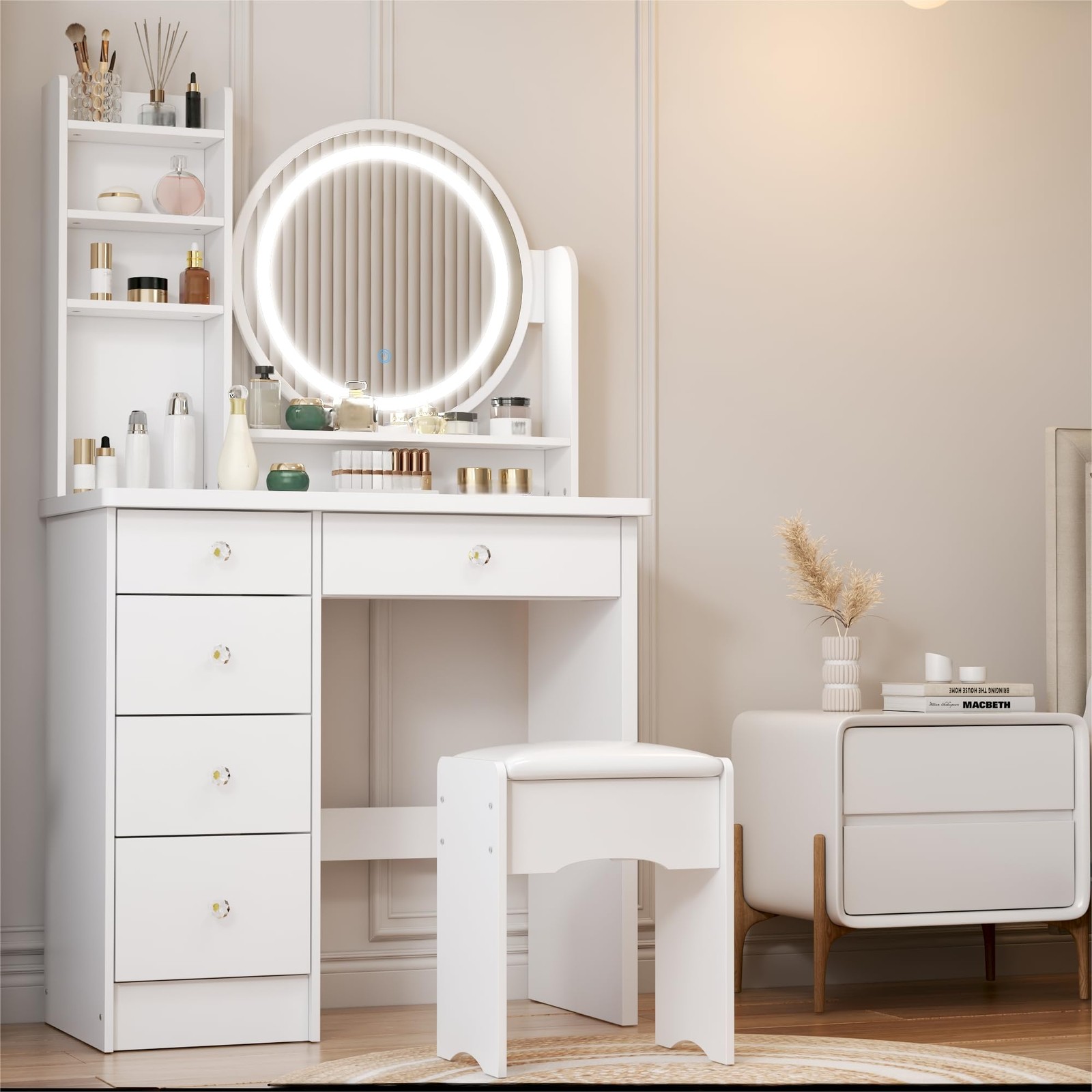 White Vanity Set Round Lighted Mirror Dressing Table 5 Drawers Shelves Stool