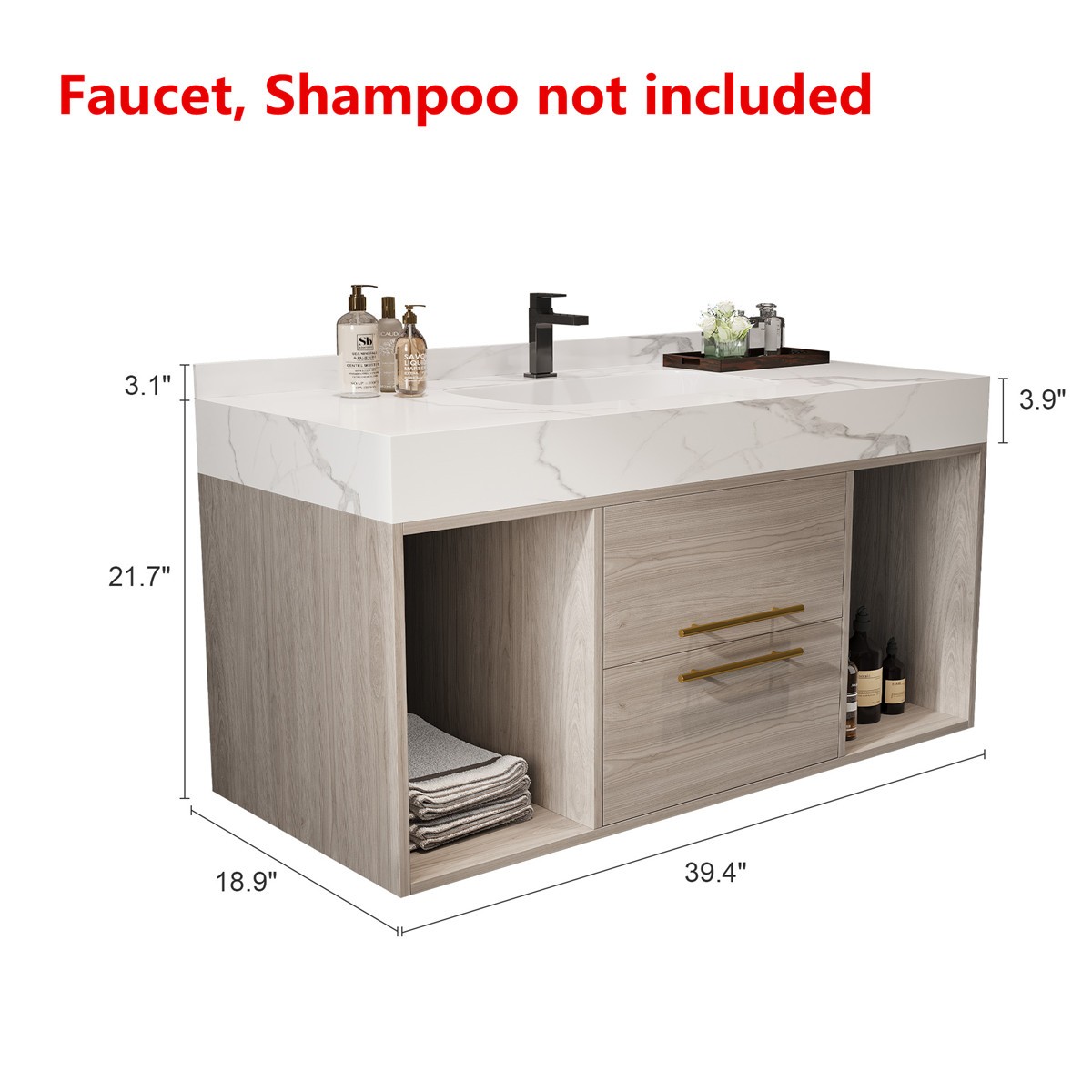 39.4″ Wall Mounted Bathroom Vanity w/ Sink, Floating Vanity Cabinet, 2 Drawers