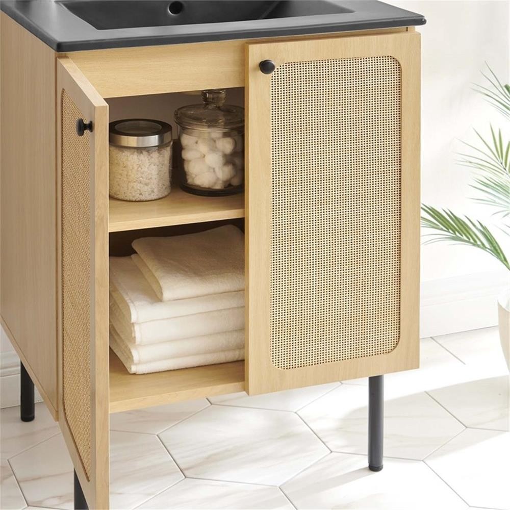 Modway Chaucer 24″ Wood & Rattan Bathroom Vanity in Oak/Black