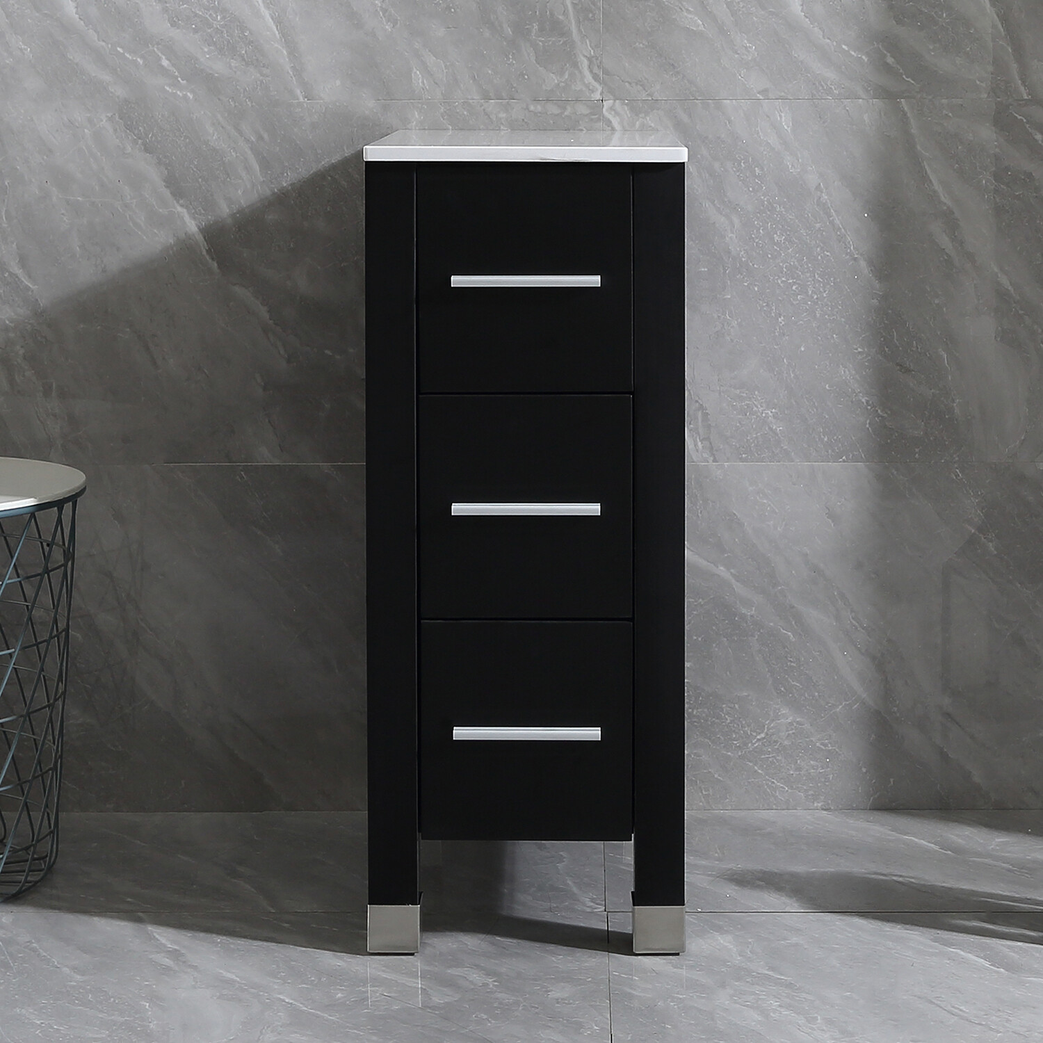 11.8″ Modern Bathroom Vanity Small Cabinet with Stone top & 3 Drawers Black