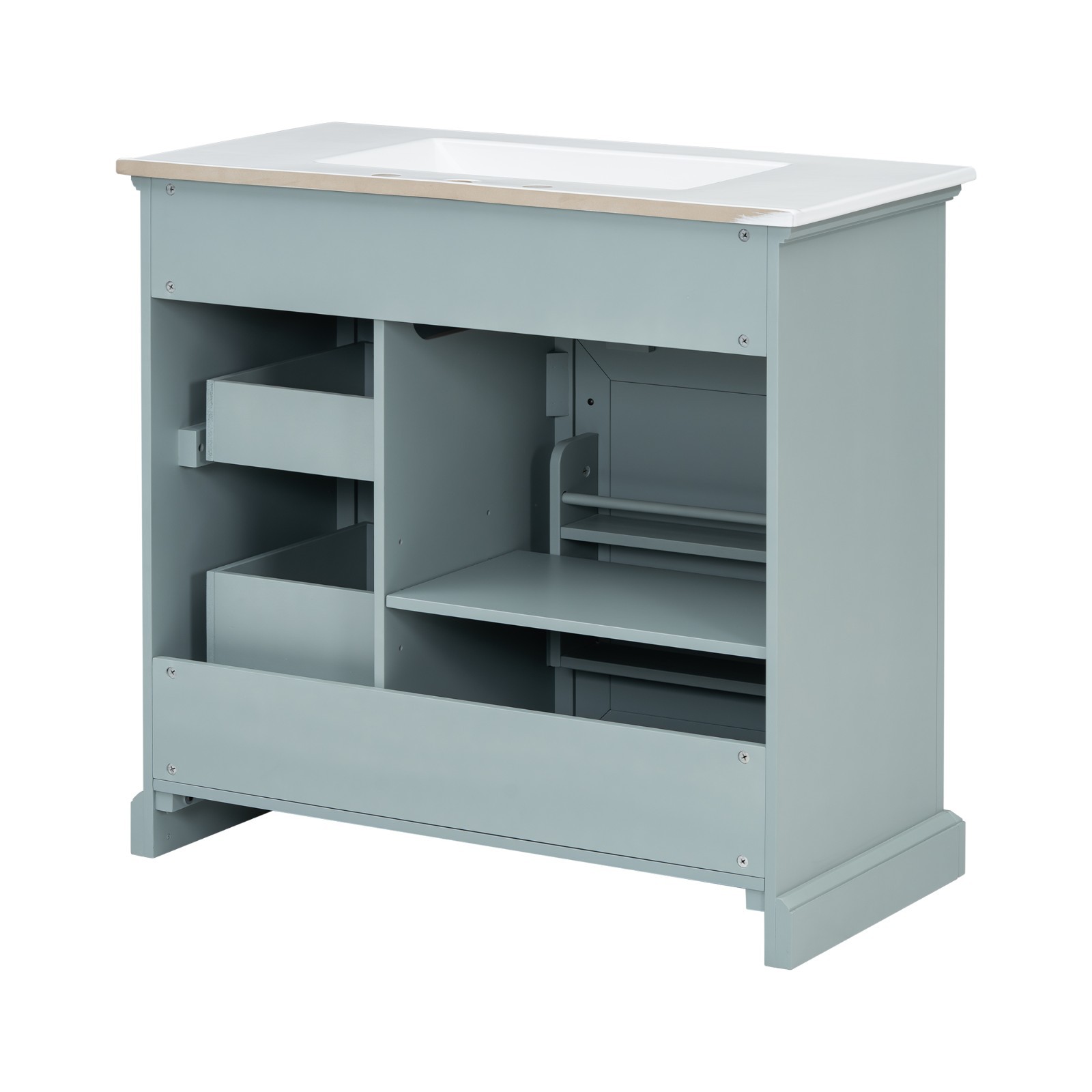 36″ Bathroom Vanity With Ceramic Sink Storage Drawers Doors 3 Faucet Holes