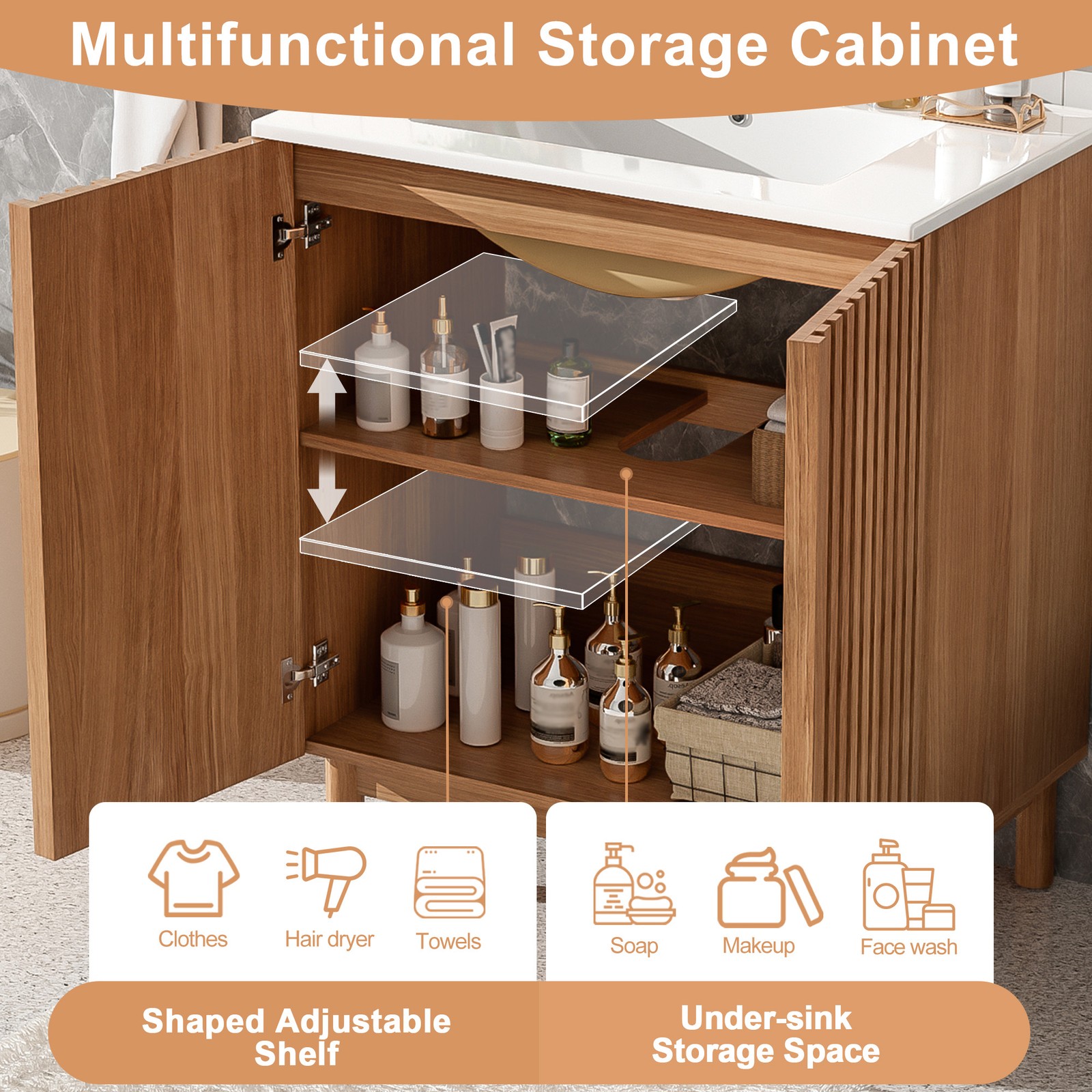 Classic Bathroom Vanity w/Ceramic Sink, Wood Storage Cabinet w/Soft-Close Doors
