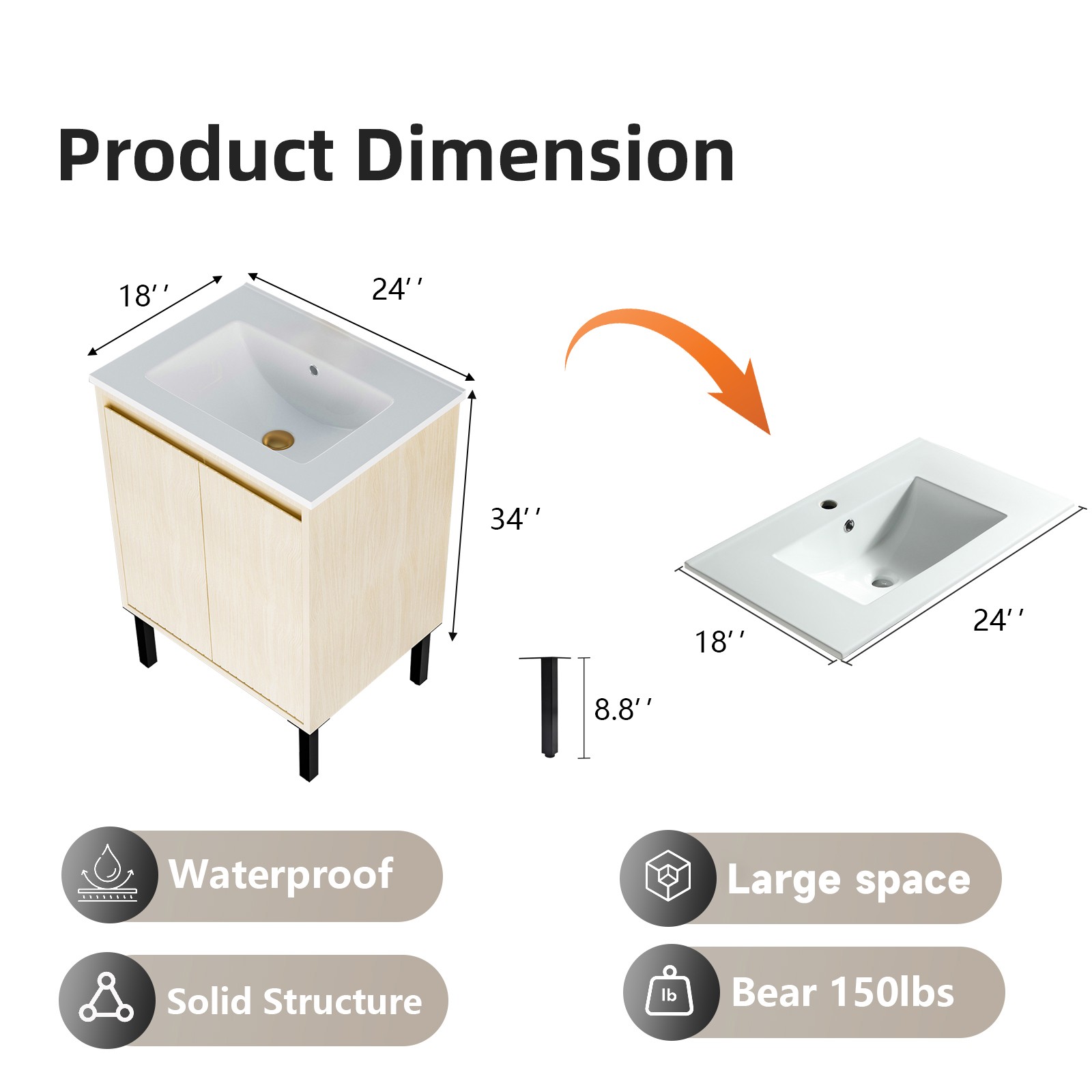 24 Inch Bathroom Vanity with Sink, Oak Finish, White Ceramic