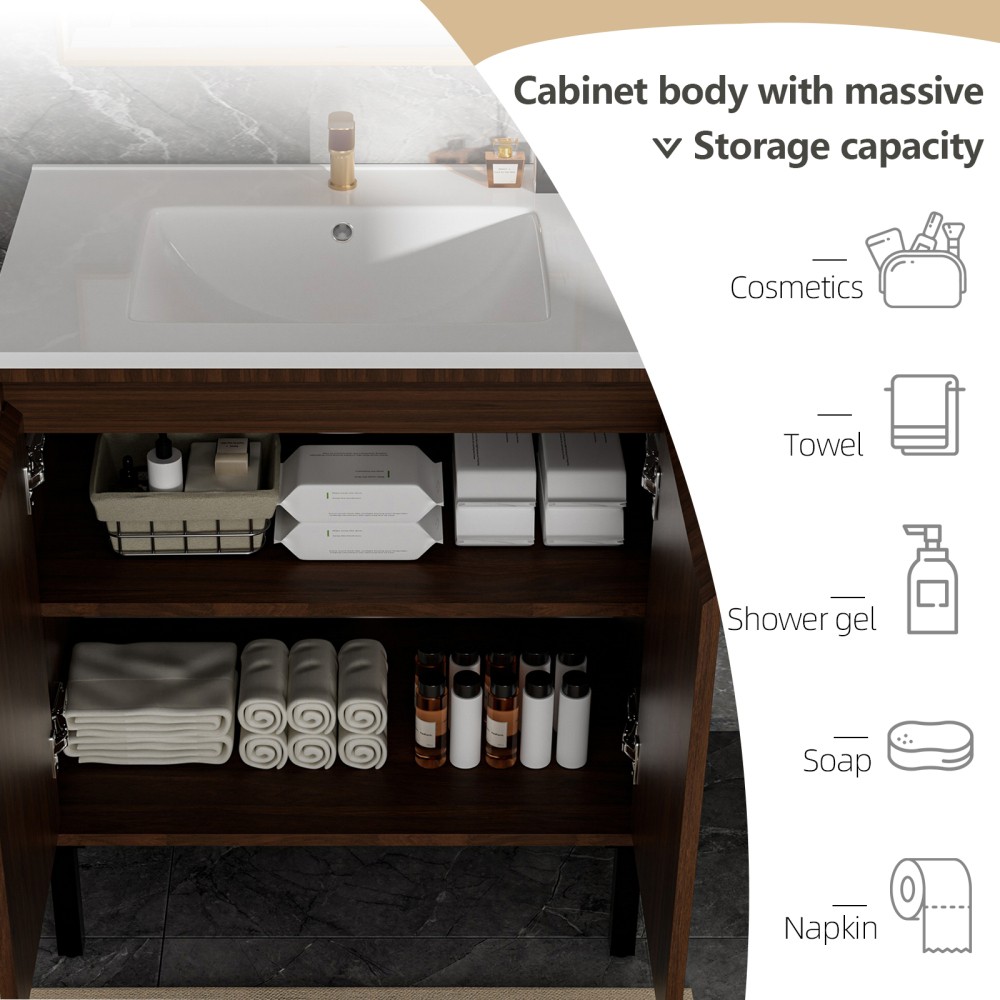 Modern Bathroom Vanity: White Sink, Soft Close Drawers, Walnut Wood Finish