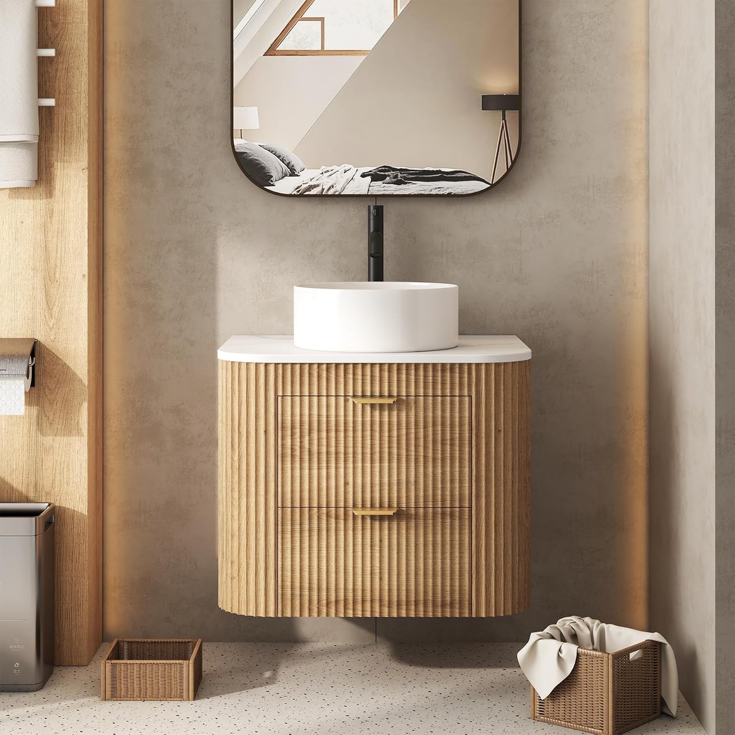24 Inch Bathroom Vanity W/ Sink Floating Vanity W/ Ceramic Sink Combo Fluted
