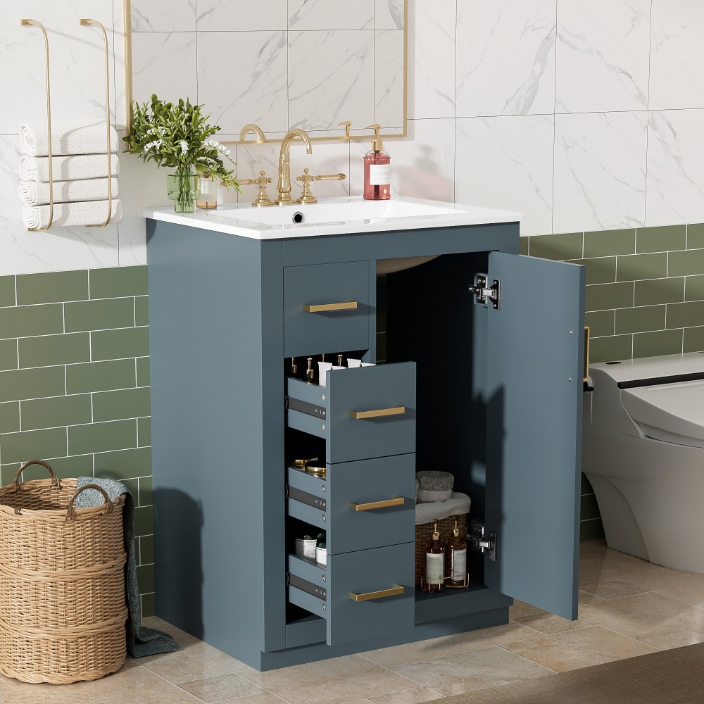 24 Inch Single Sink Bathroom Vanity Ceramic Top Drawers Storage Cabinet