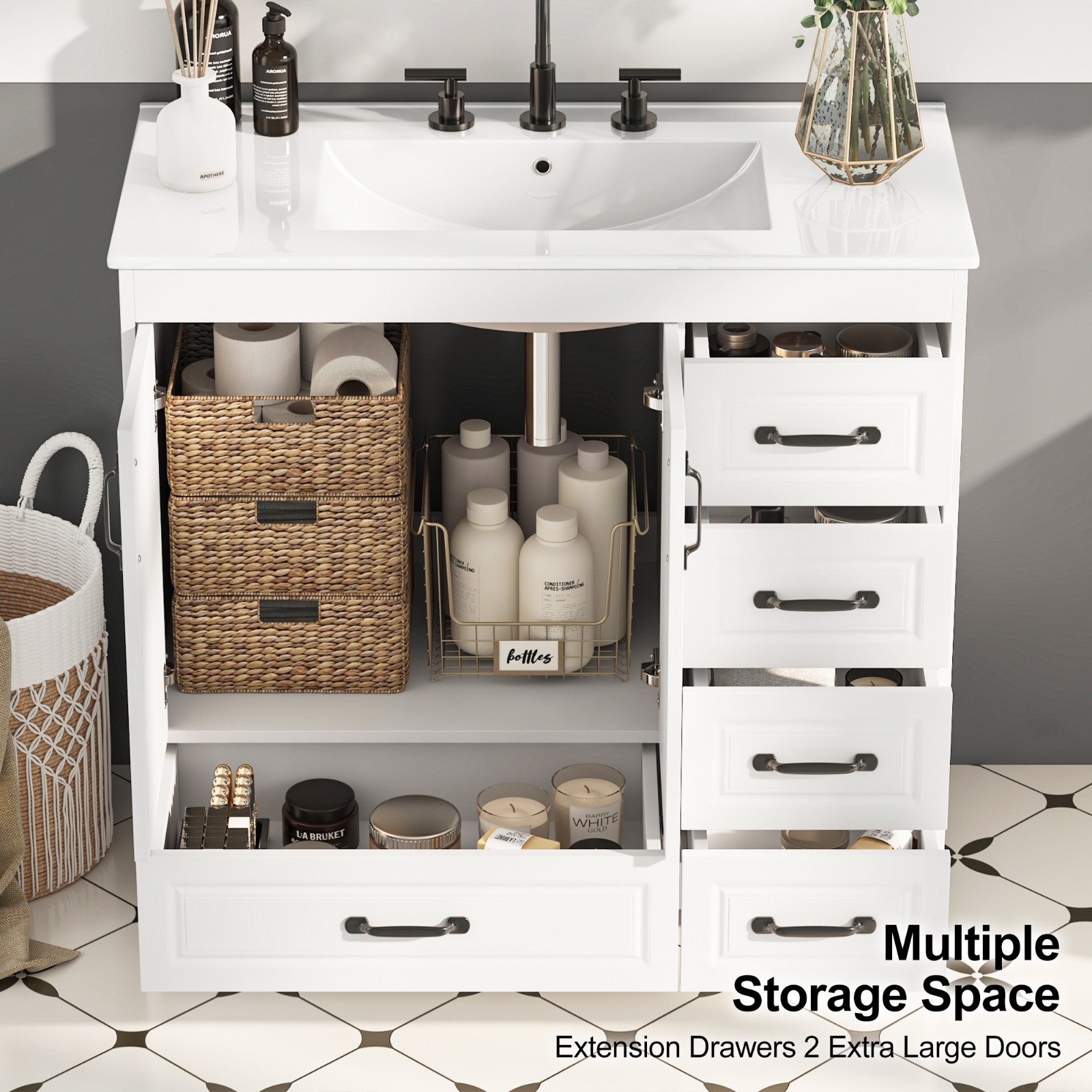 24″ 30″ 36″ Bathroom Vanity Set Storage Cabinet with Ceramic Sink Combo White