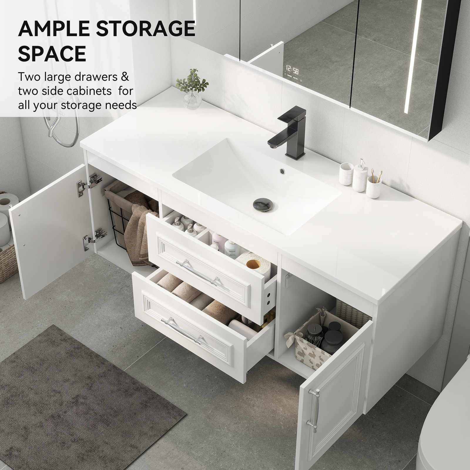 48″ White Wall Mount Floating Bathroom Vanity with Sink 2 Soft Close Drawers