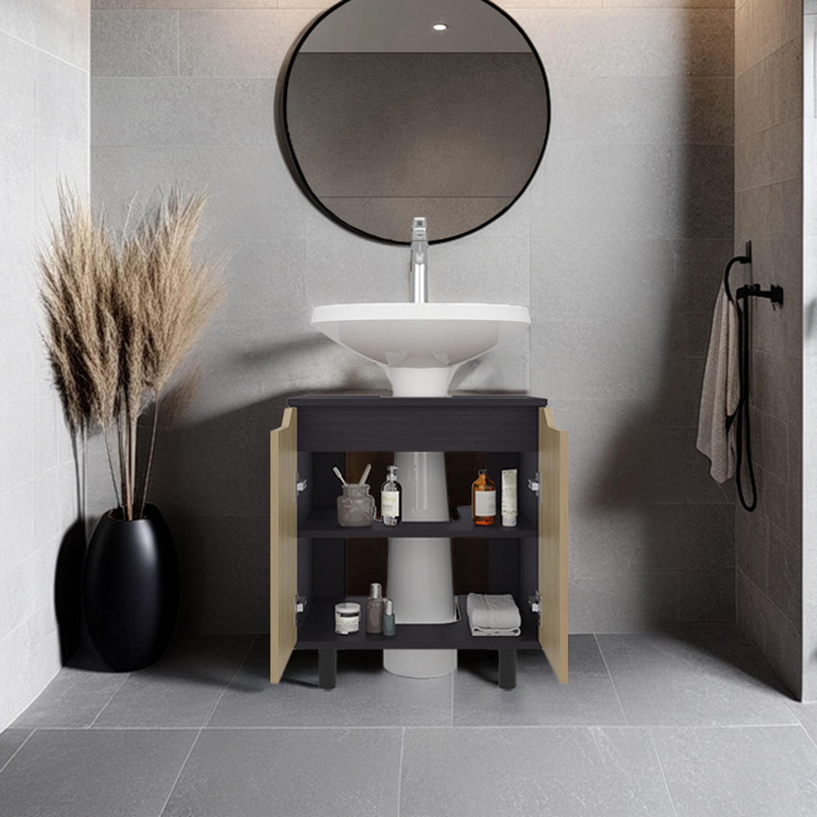 Under Sink Storage Cabinet with 2 Doors and 2 Shelves Natural Oak Black Wengue