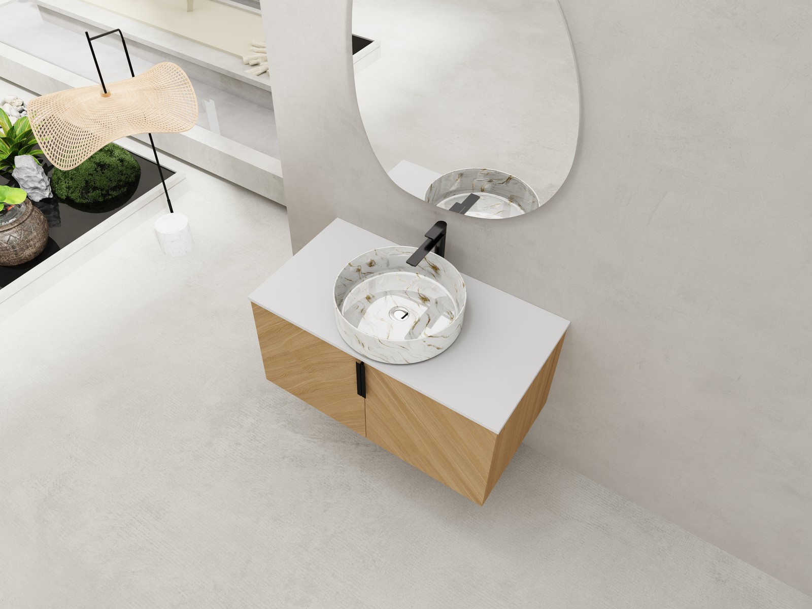 36 in Wall-Mounted Bathroom Vanity W/ Ceramic Vessel Sink Artificial Stone Slab