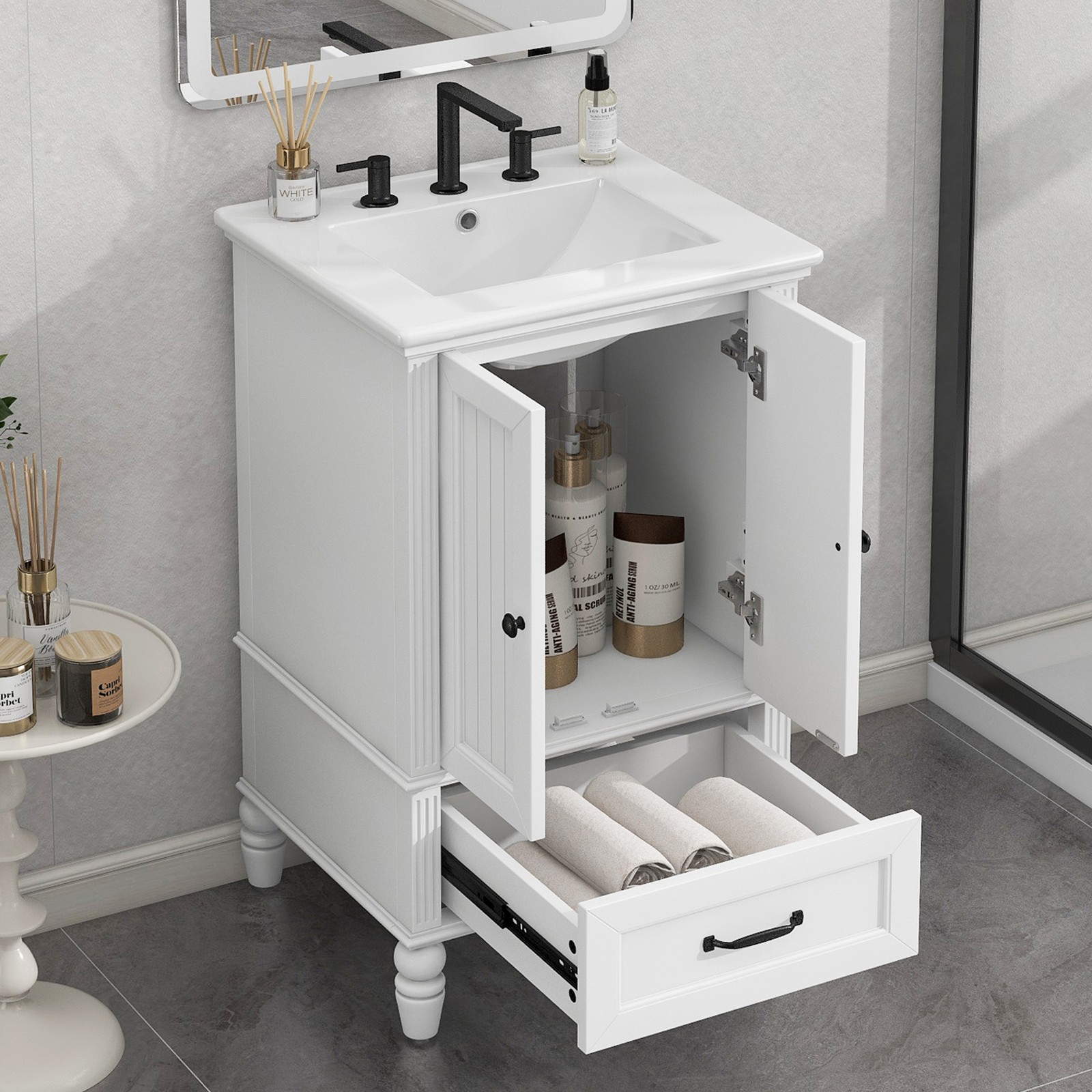 20″ Bathroom Vanity with Sink, Freestanding Bath Vanity Cabinet, Drawer, 2 Doors