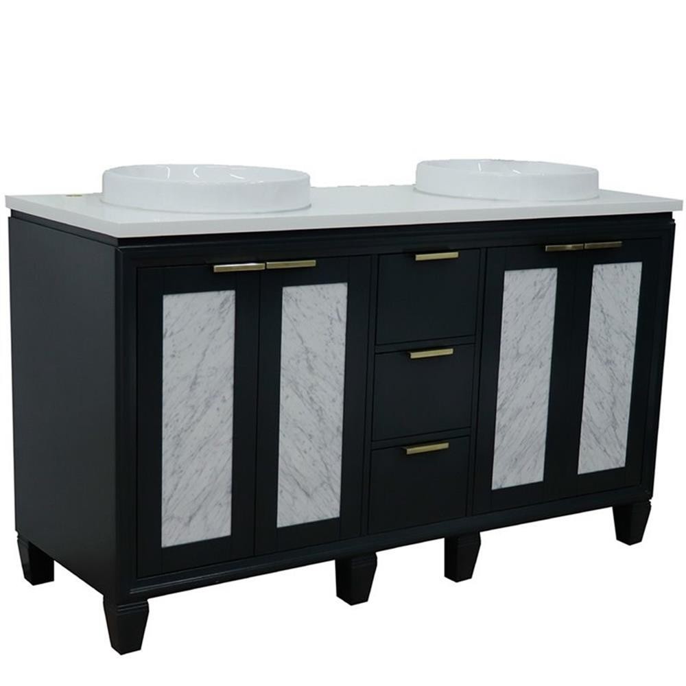 Pemberly Row 61″ Double Round Sink Vanity in Dark Gray/White Quartz Stone