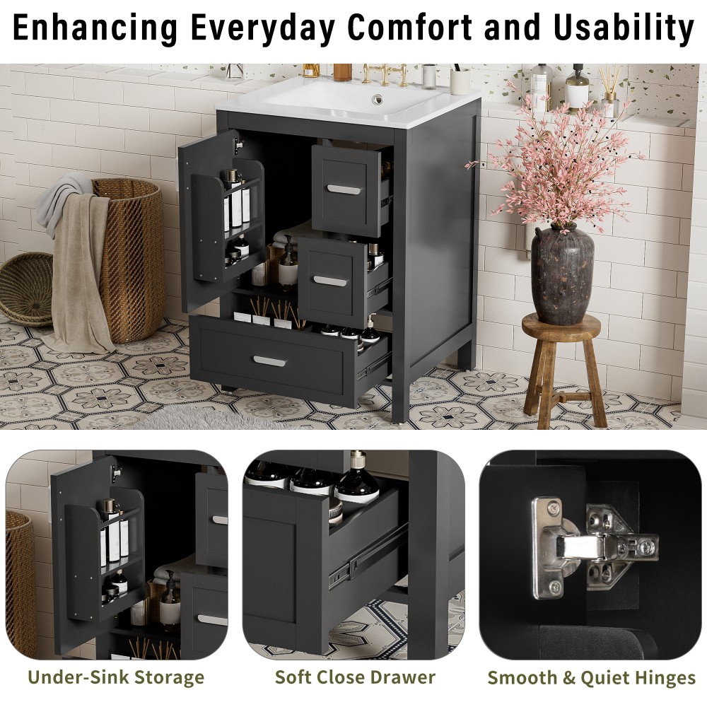 Bathroom vanity with sink Features double-door cabinet Includes three drawers