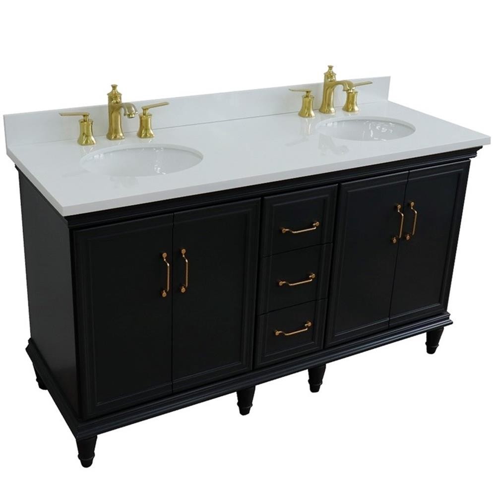 Pemberly Row 61 in. Double Wooden Vanity Dark Gray White Quartz Oval Sink