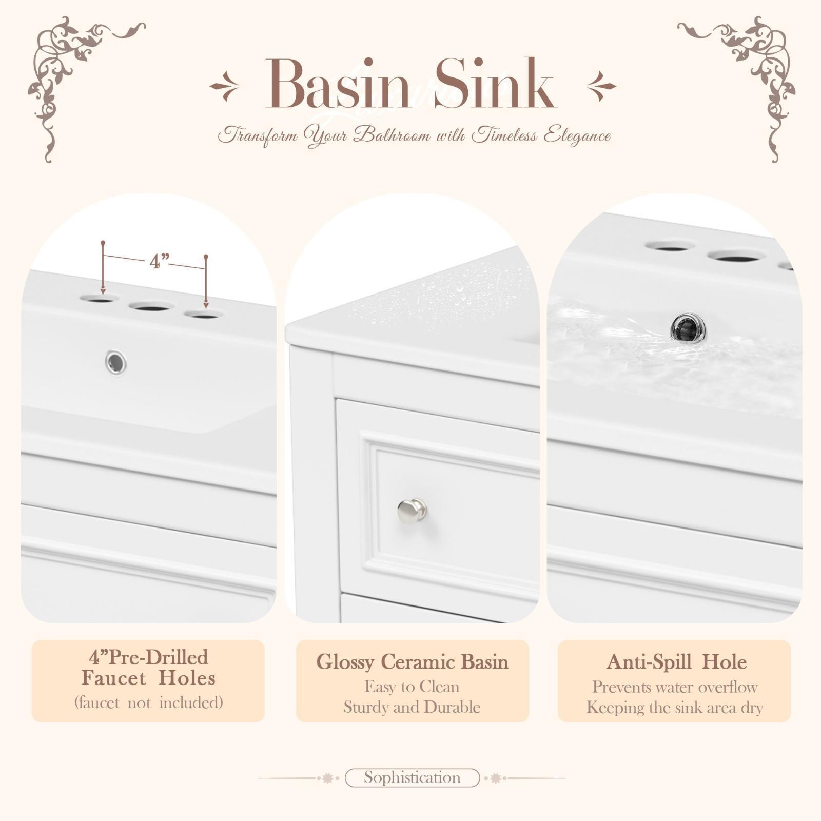 Elegant 36″ Bathroom Vanity Sink Combo, MDF Solid Wood Frame, 4 Drawers,