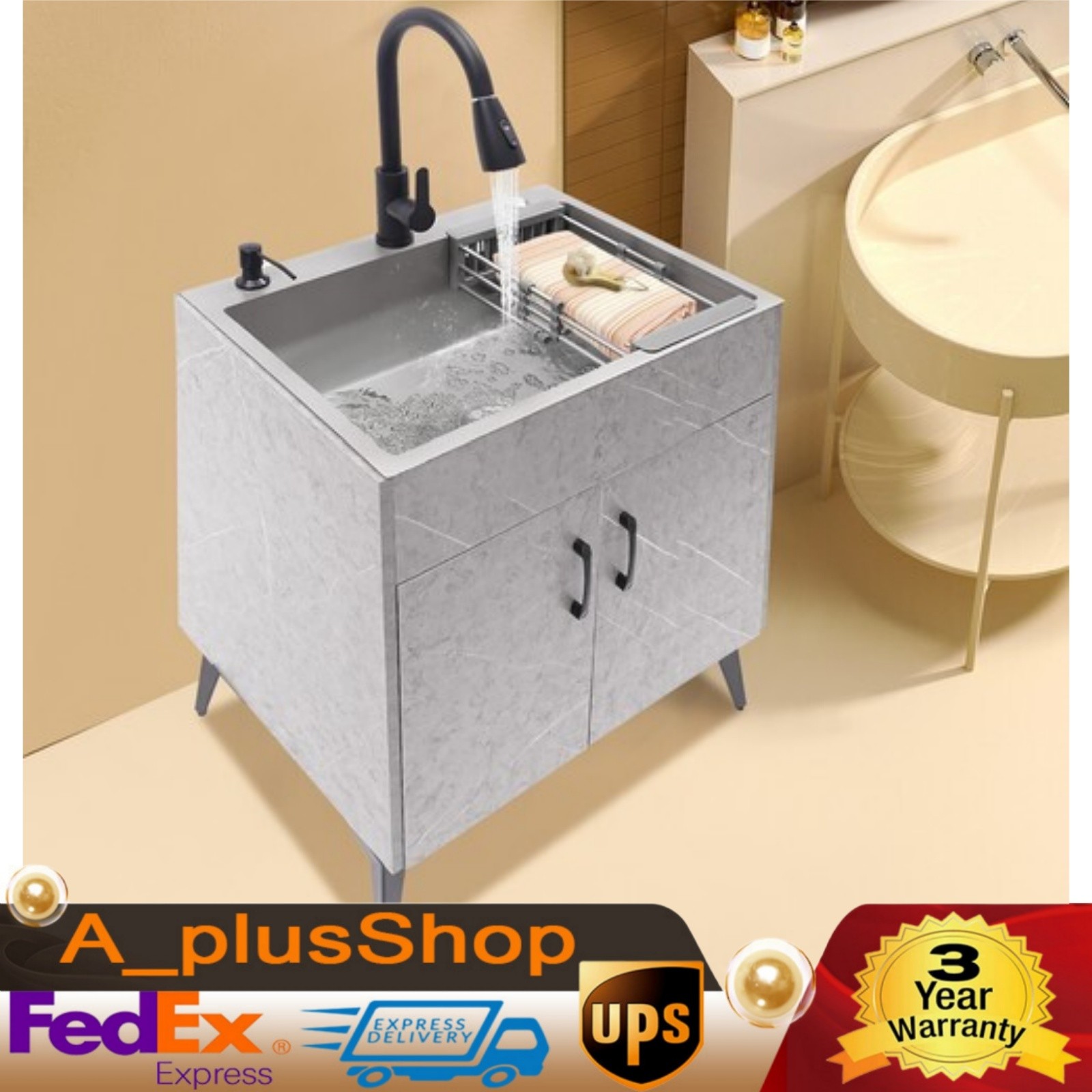 Modern Bathroom Vanity Free Standing Kitchen Cabinet Sink w/ Pull-out Faucet