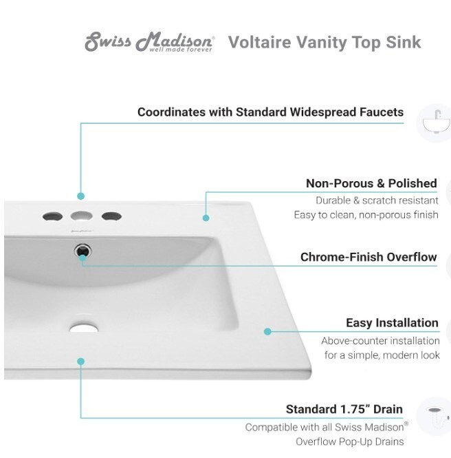 Swiss Madison Well Made Forever SM-VT324-3 Ceramic Vanity Top Sink 24 with Three