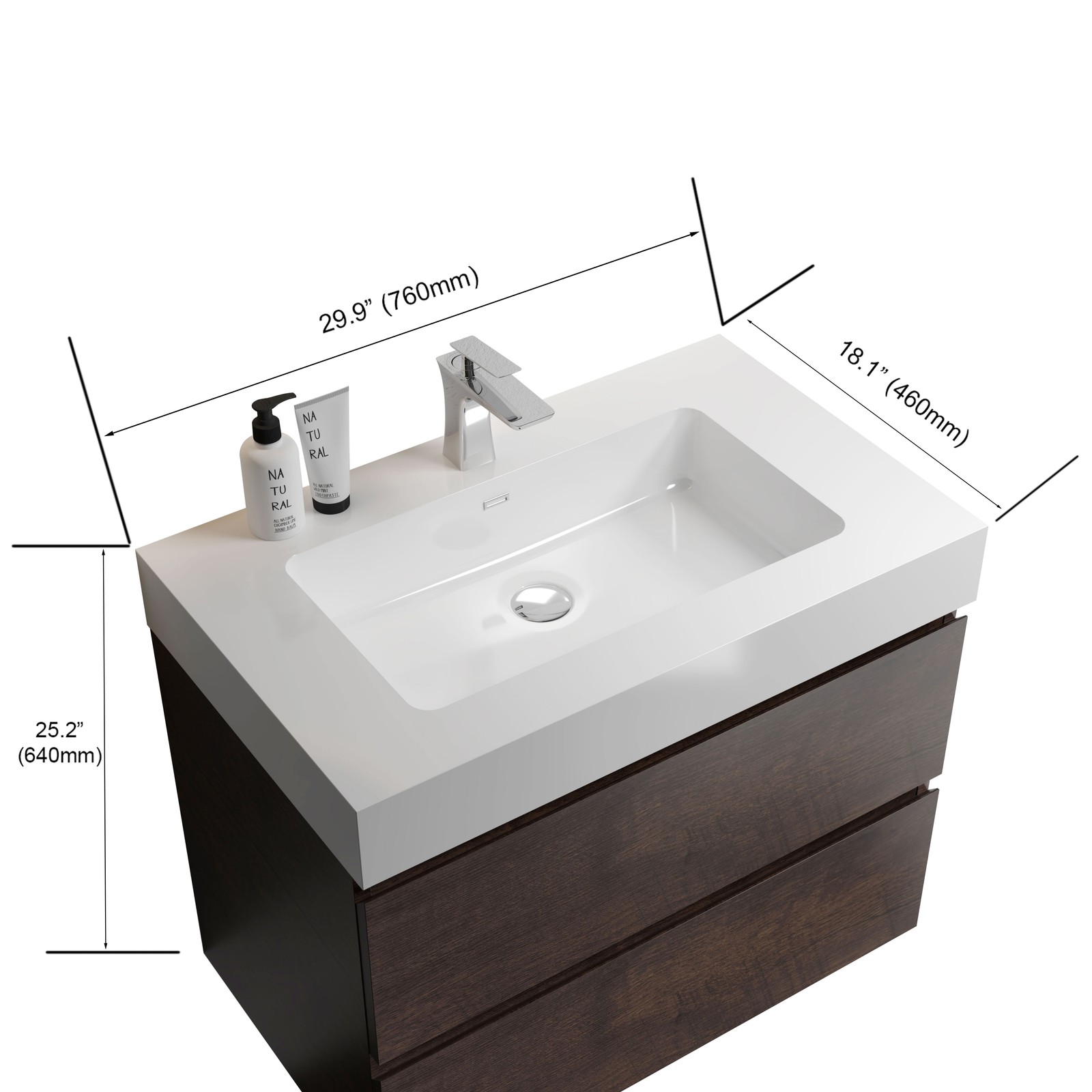 30″ Walnut Bathroom Vanity with Sink Wall Mounted Floating Design White Basin