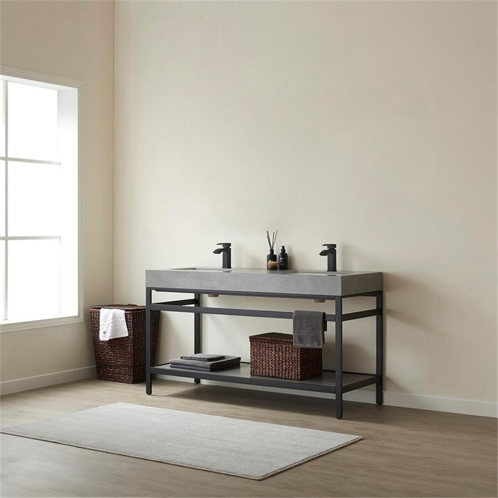 Pemberly Row Double Sink Bathroom Vanity – Matte Black Frame Gray Top