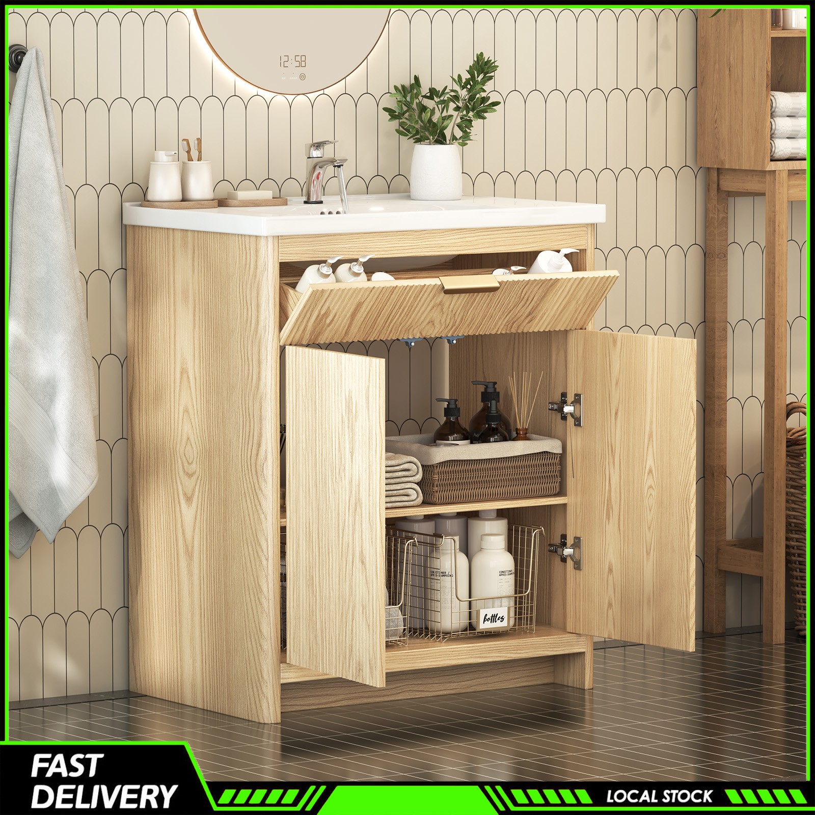 31″ Bathroom Vanity with Ceramic Sink, Modern Storage Cabinet w/ Doors & Drawers