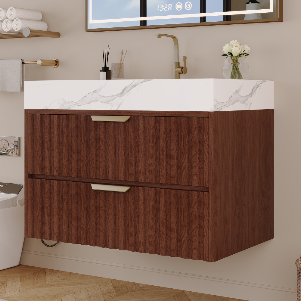 30″ Walnut Wall Mount Floating Bathroom Vanity Sintered Stone Top Ceramic Sink