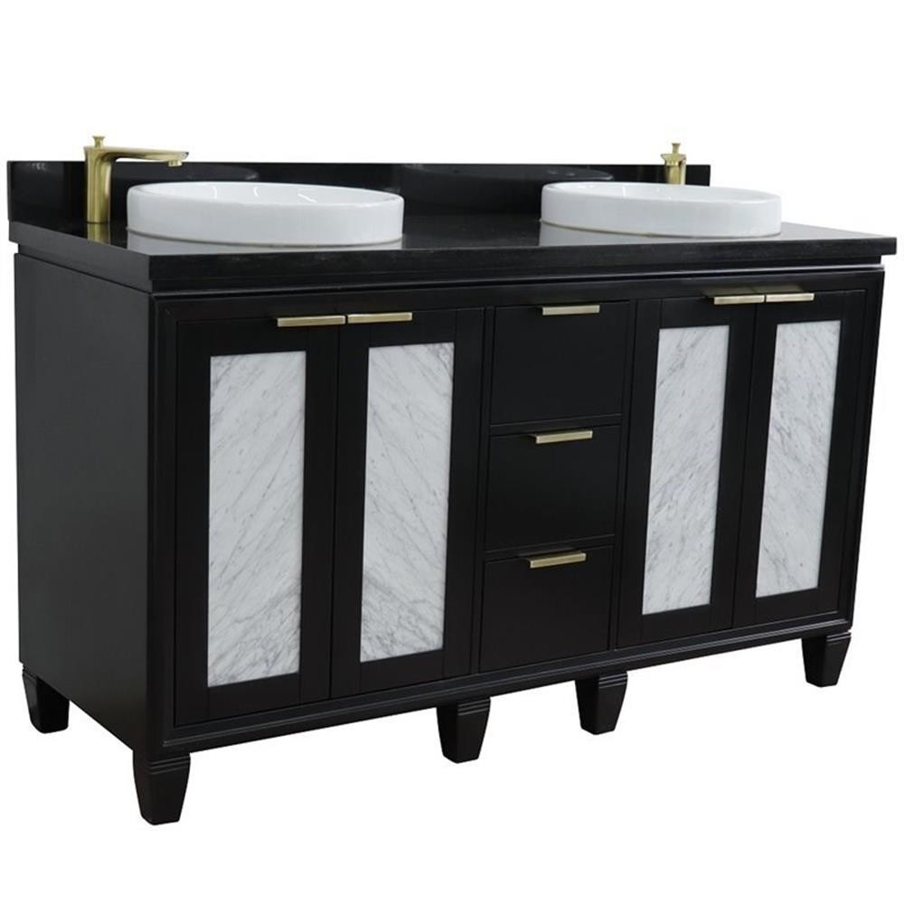 Pemberly Row 61″ Double Round Sink Solid Wood Vanity in Blue/Black Galaxy