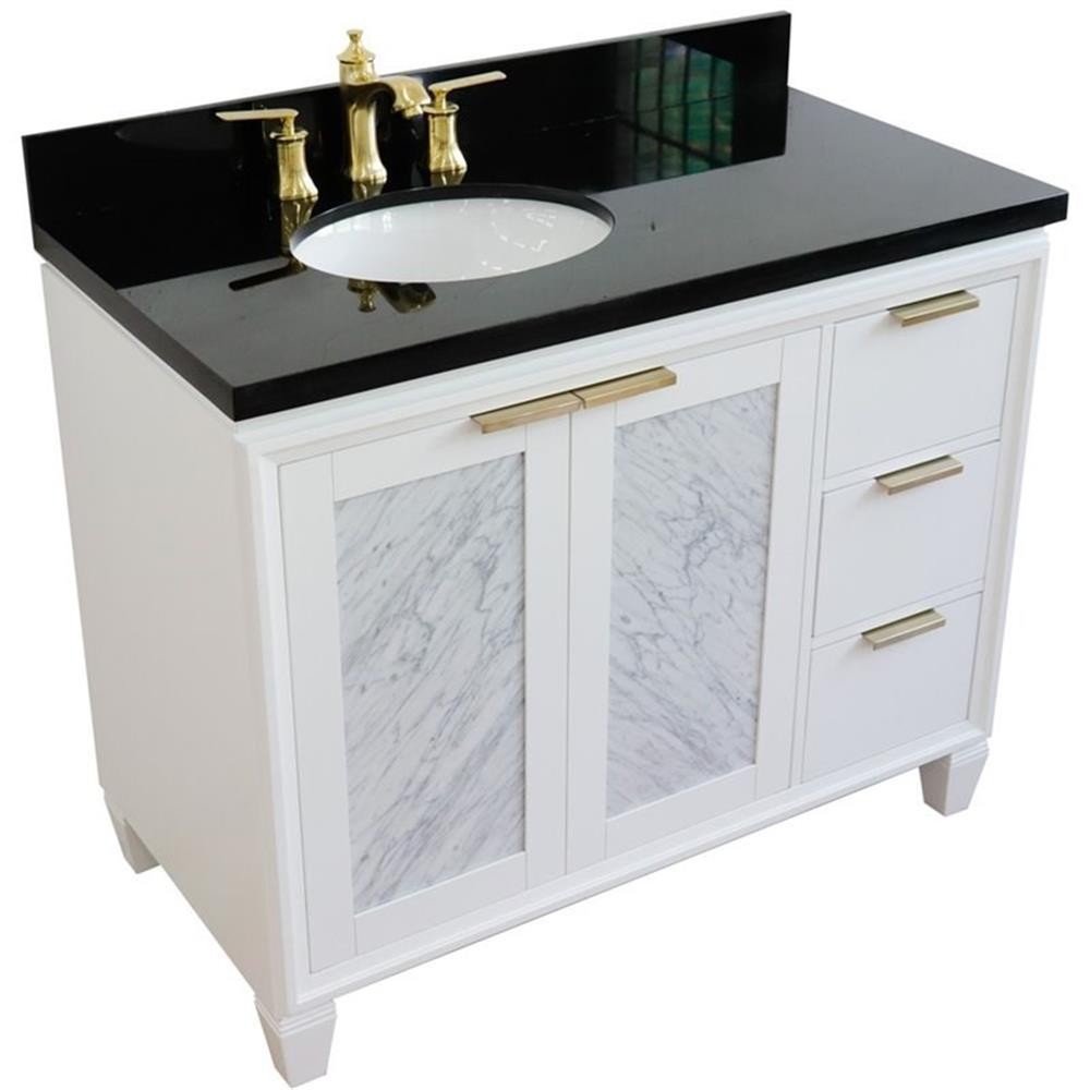 Pemberly Row 43″ Solid Wood Vanity with Left Oval Sink in White/Black Galaxy