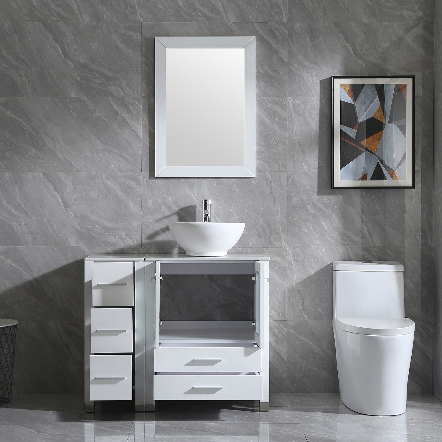 36″ Bathroom Vanity Cabinet Ceramic Vessel Sink Stone Top w/Mirror & Drain Combo