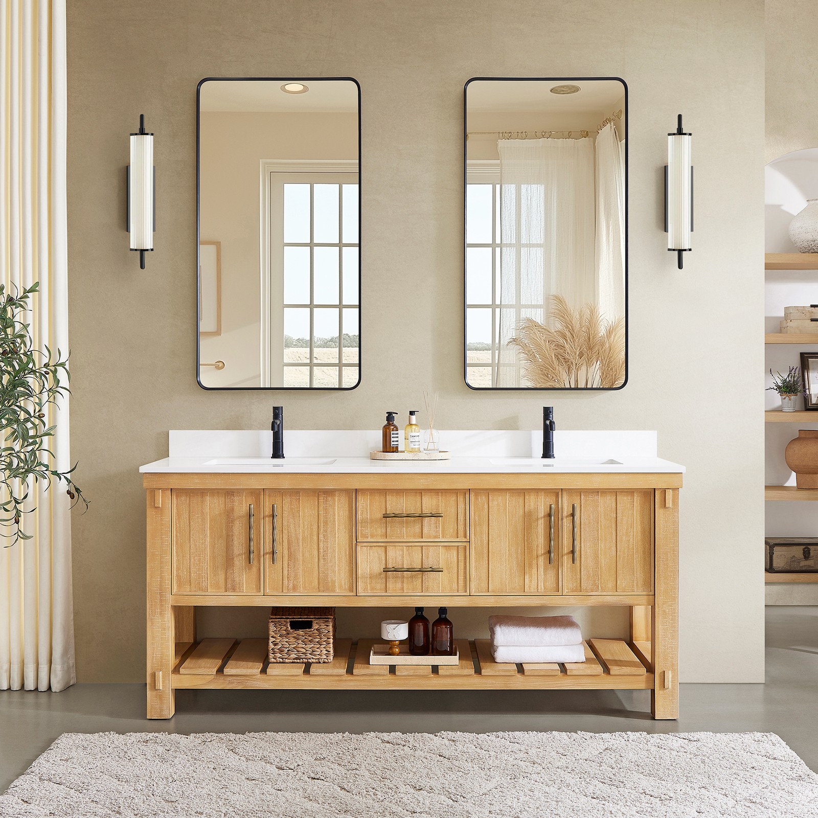 Paris 72″ Double Bath Vanity in Acacia Classic Grey with White Quartz Stone Top