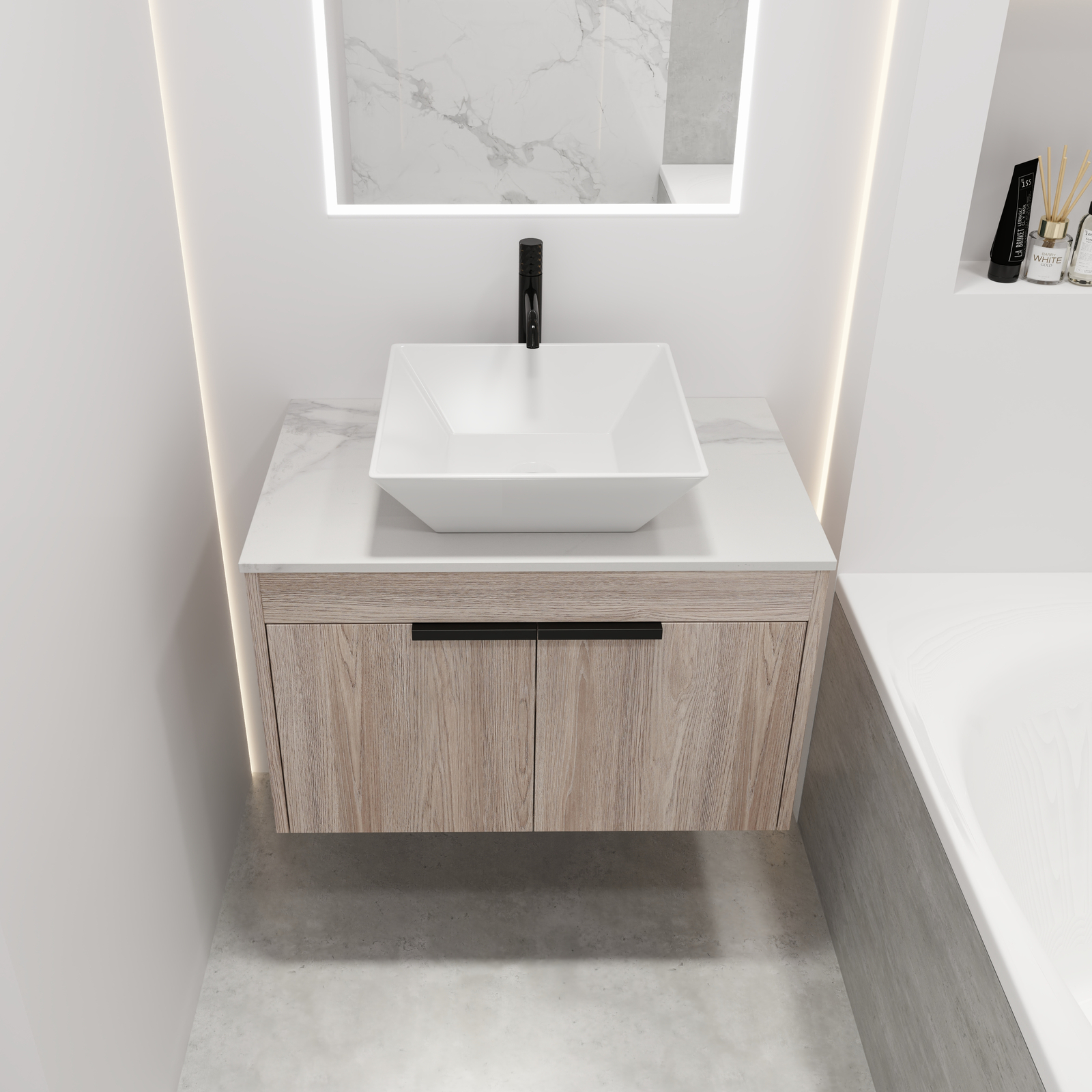 30″ Modern Floating Wall Mounted Bathroom Vanity Cabinet Ceramic Vessel Sink