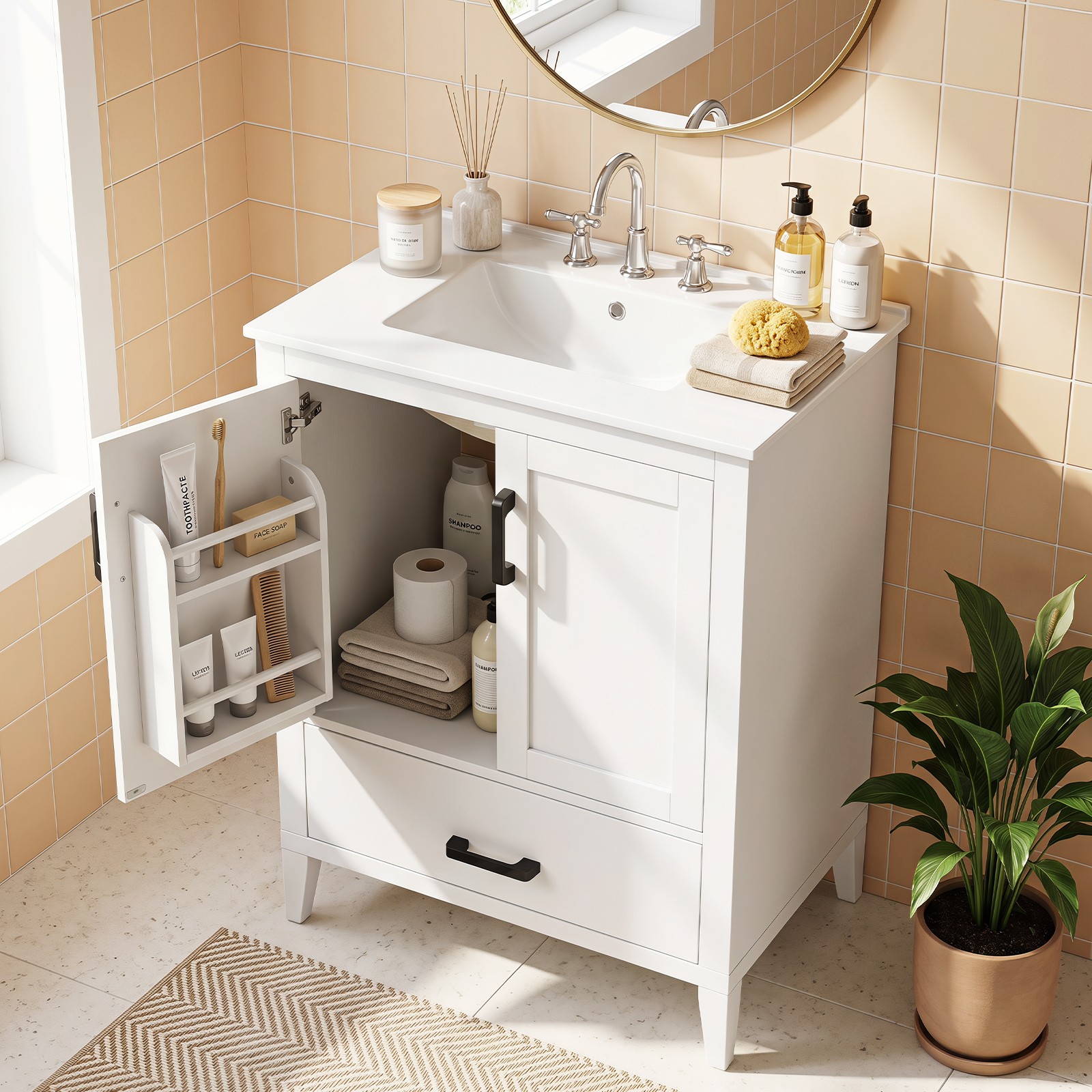 24.5” Modern Bathroom Vanity w/Sink, 2 Doors & Drawer, Rubber Wood Legs, White