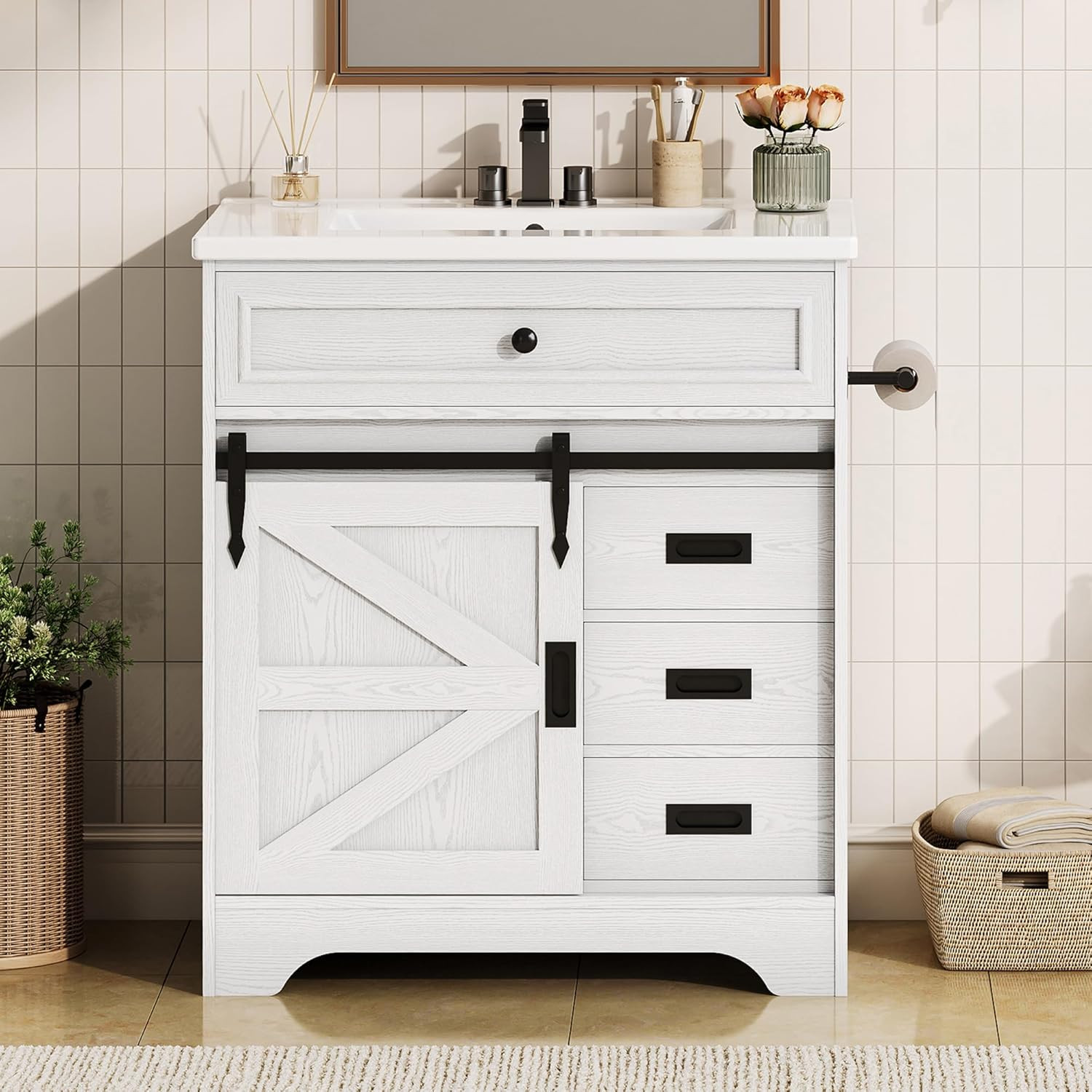 30″ Farmhouse Bathroom Vanity with Sink & Sliding Barn Door, White