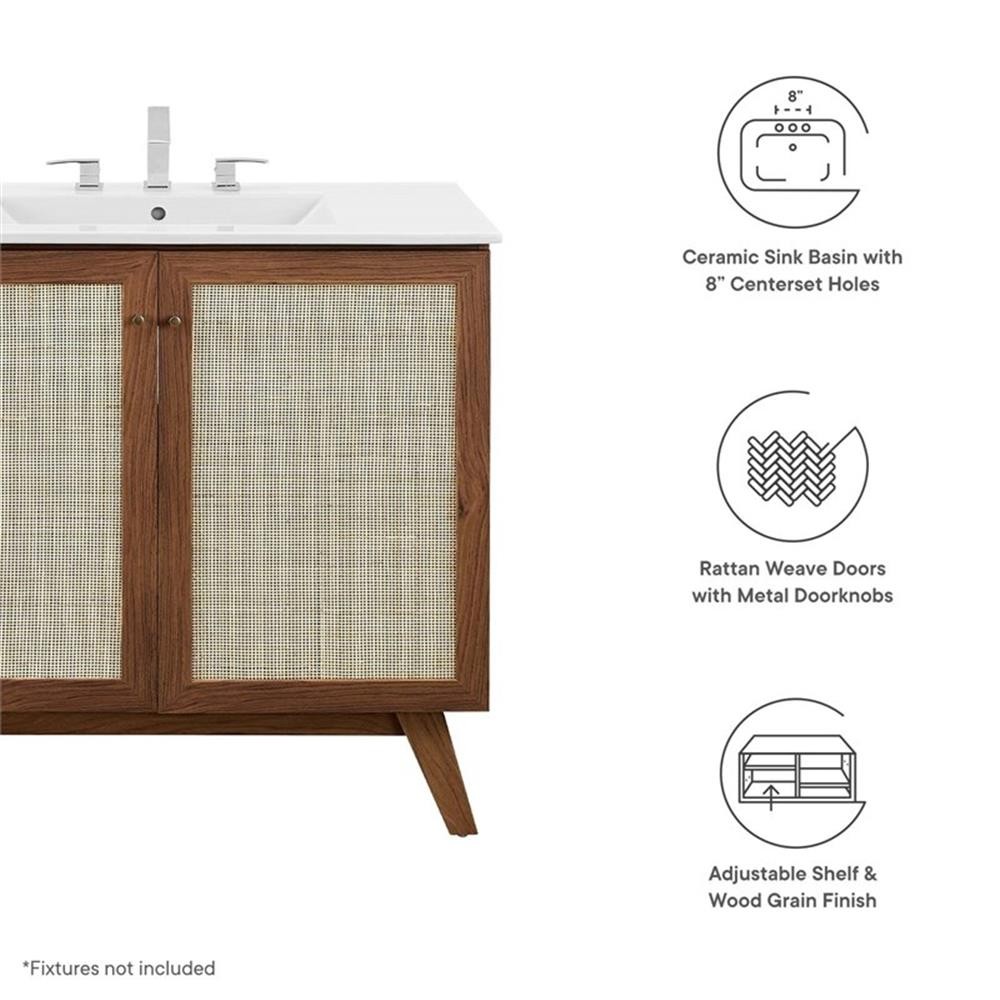 Pemberly Row 36″ Modern Wood Bathroom Vanity with Rattan Door in Walnut/White