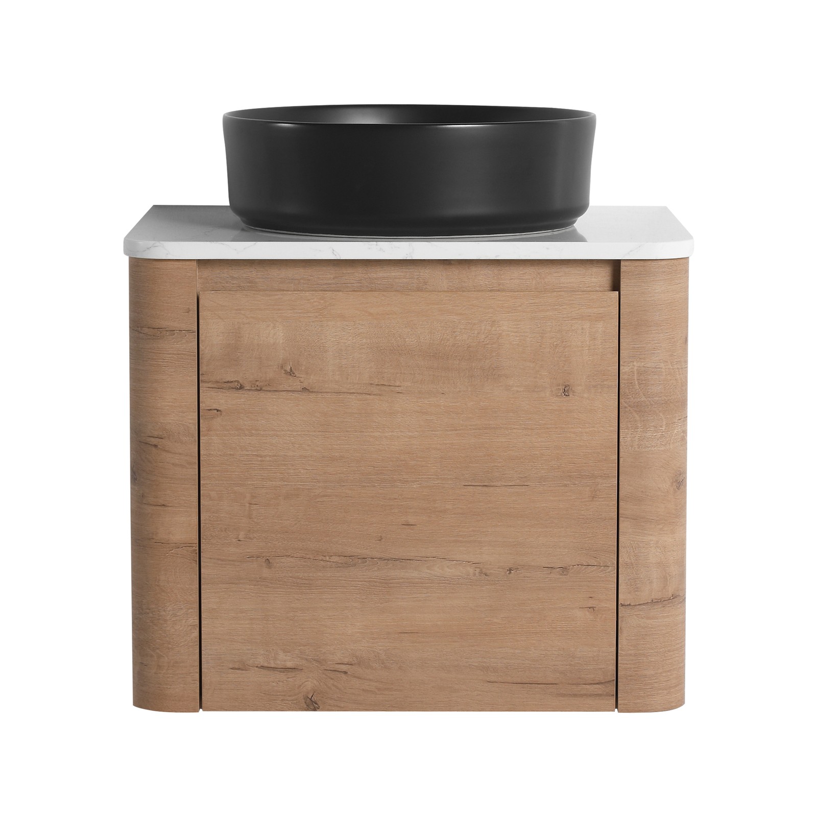 24 In Bathroom Vanity With White Flat Stone Slab Top Black Ceramic Vessel Sink