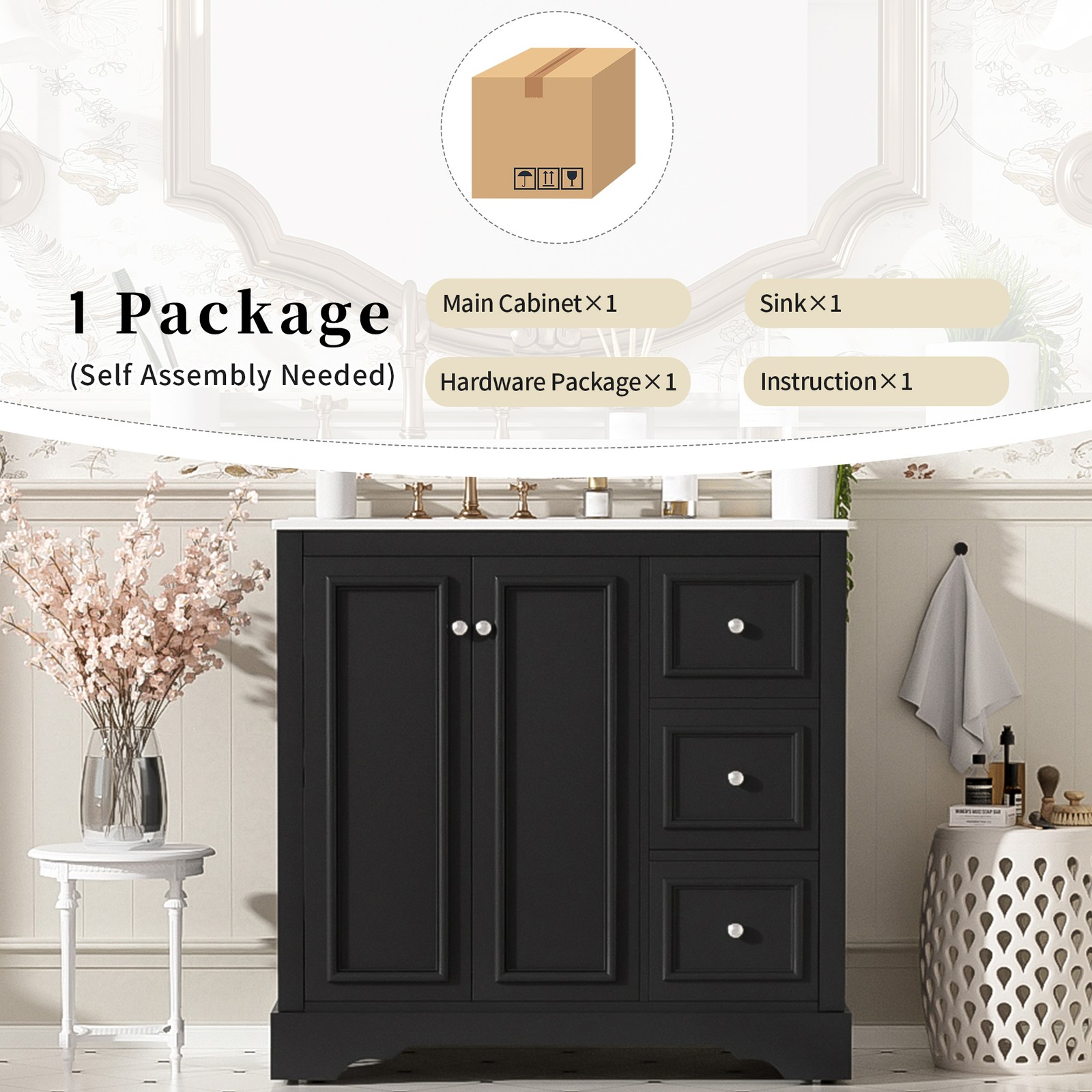 36″ Bathroom Vanity Cabinet Storage with Sink Combo w/2 Door & 3 Drawers Black