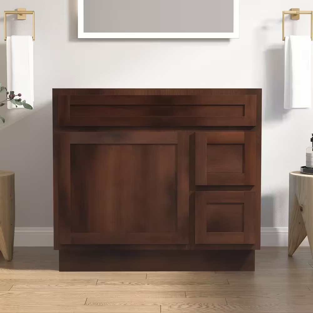 36 In. W X 21 In. D X 32.5 In. H 2-Right Drawers Bath Vanity Cabinet Only in Bro