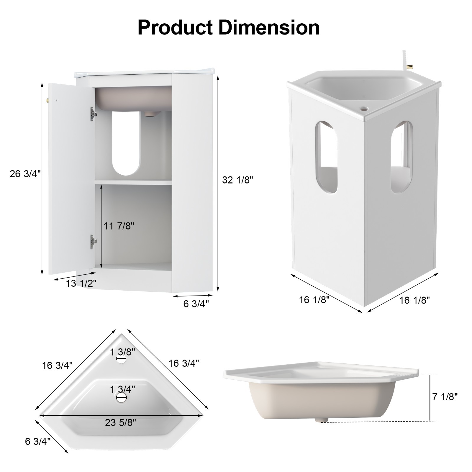 Modern 24″ Corner Vanity Sink Basin Combo Bathroom Storage Cabinet Freestanding