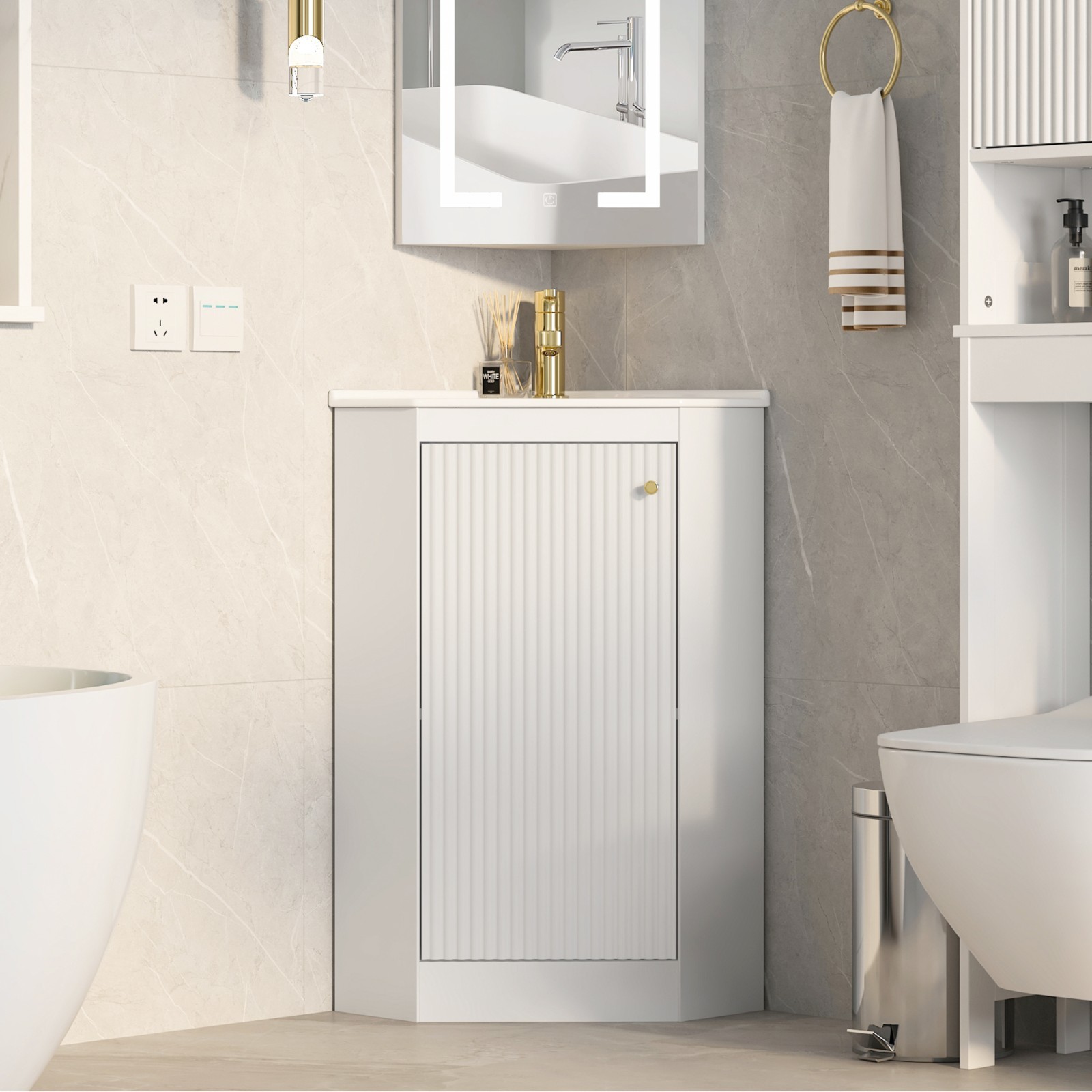 Modern 24″ Corner Vanity Sink Basin Combo Bathroom Storage Cabinet Freestanding
