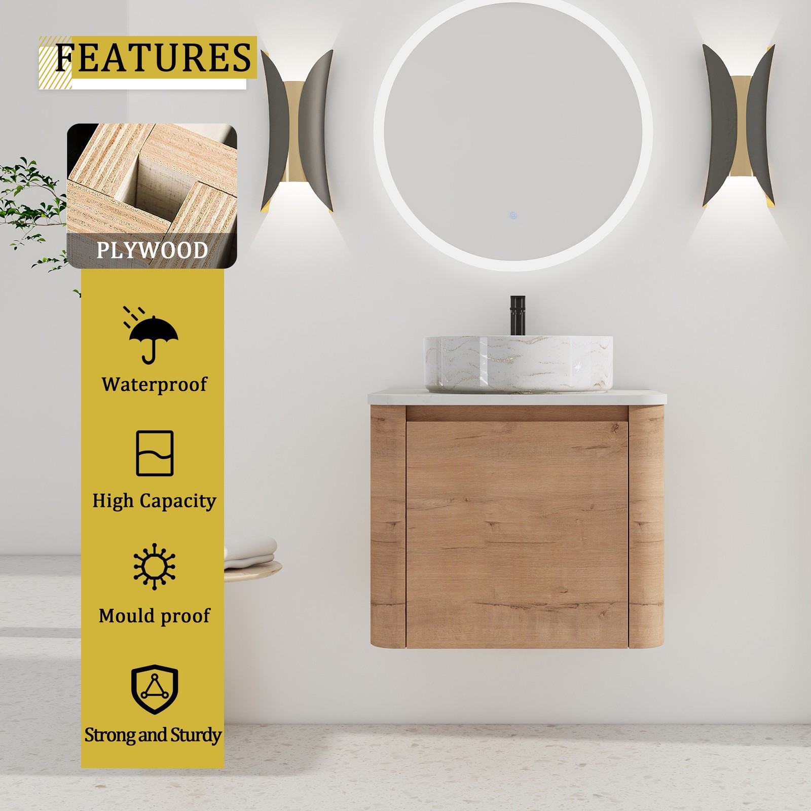 24 in Plywood Wall-Mounted Bathroom Vanity With Ceramic Vessel Sink Counter Top