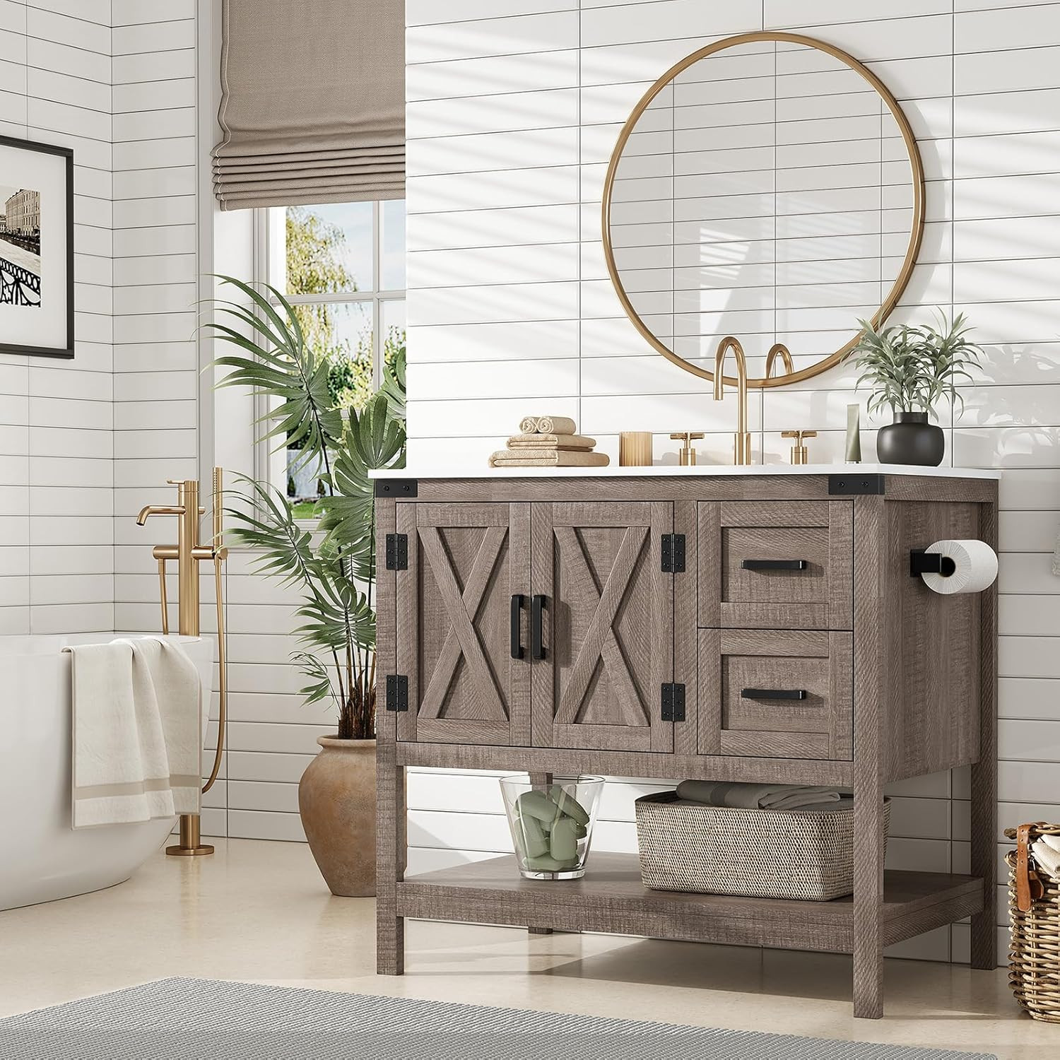AMERLIFE 36″ Farmhouse Bathroom Vanity with Sink Combo, Wood Barn Door Freestand