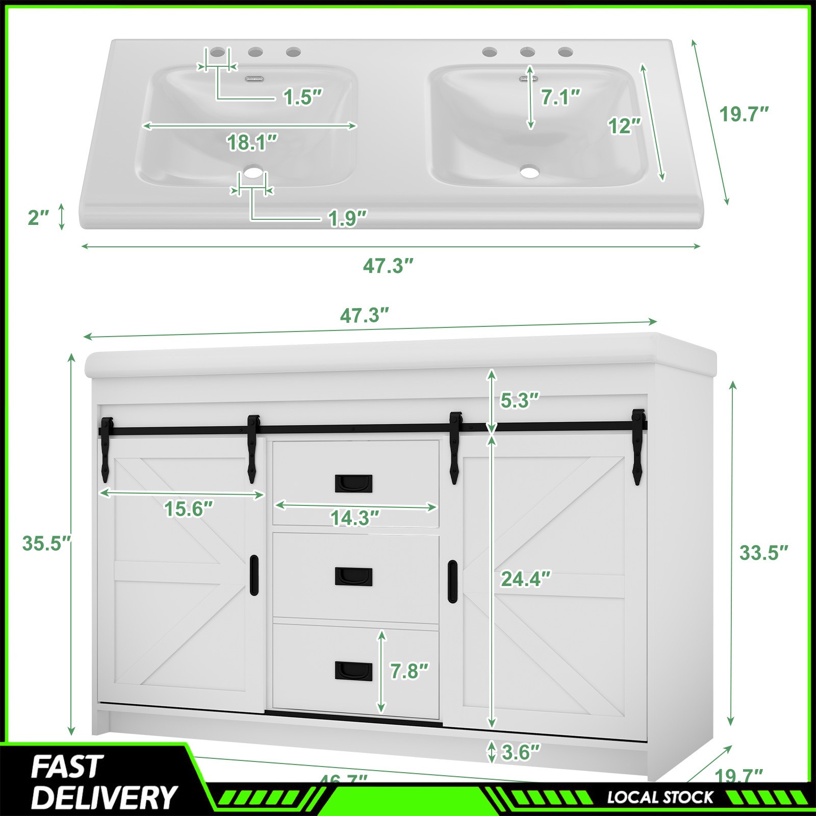47” Bathroom Vanity &Double Sink Ceramic Basin Modern Storage Cabinet 3 Drawers