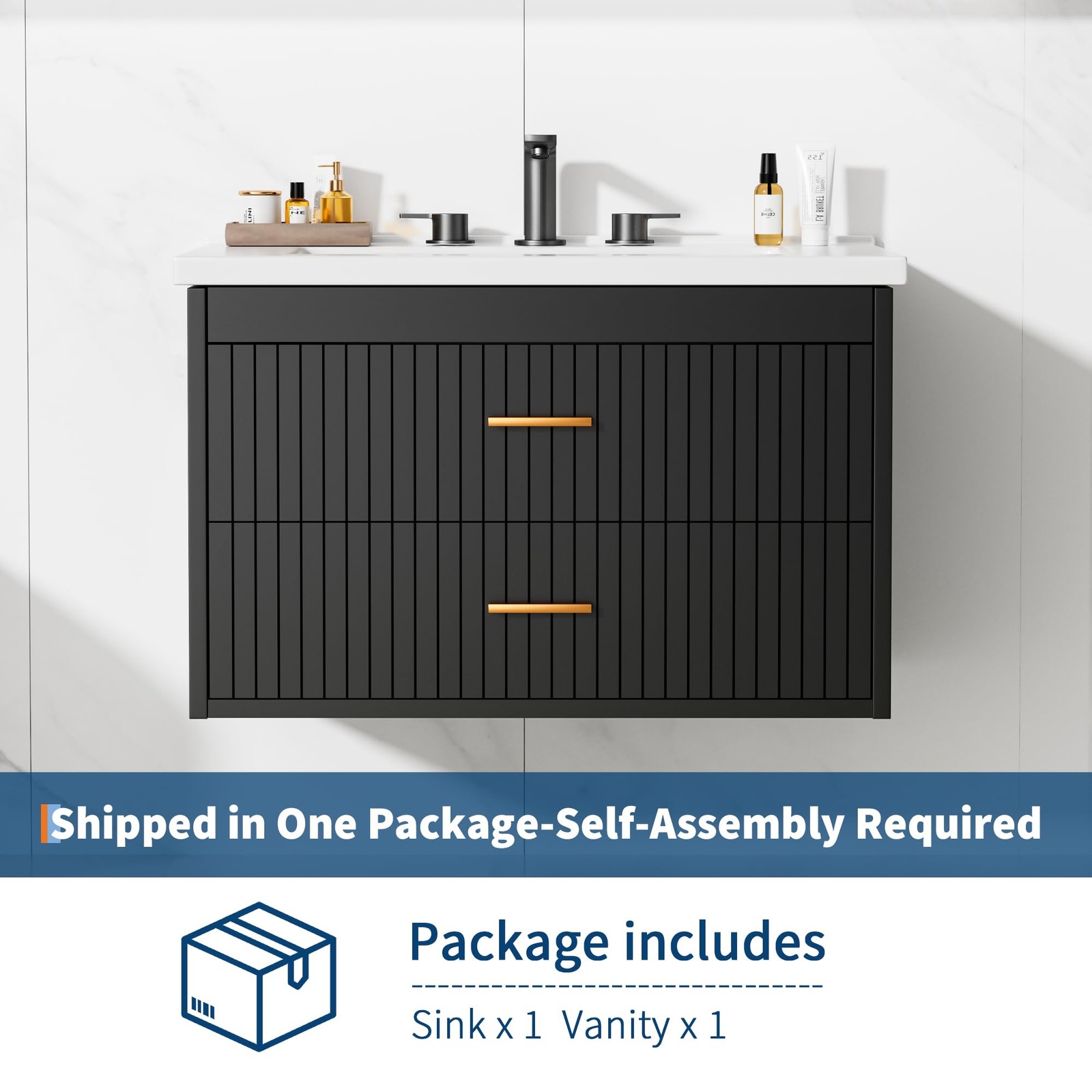 30″ Floating Fluted Bathroom Vanity w/ Ceramic Sink Wall Mounted Vanity Cabinet