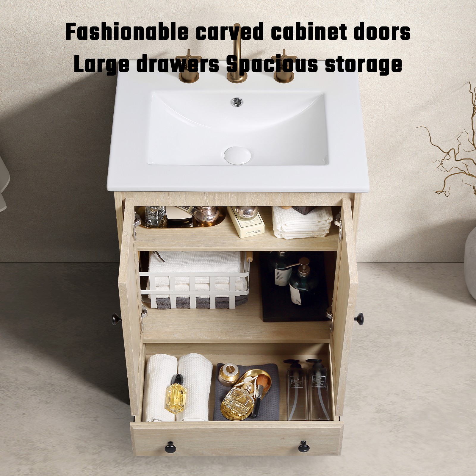 Brown Modern Bath Vanity w/ Porcelain Sink, Soft Close Drawer, Free Standing