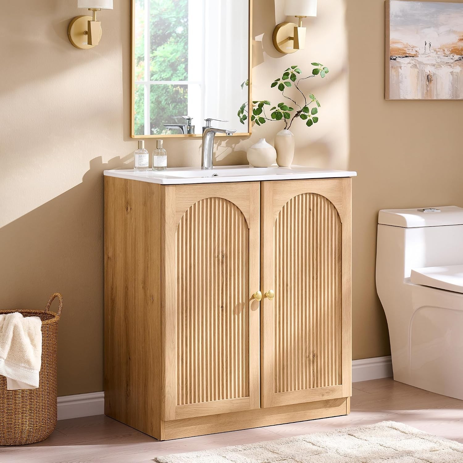 Modern Bathroom Vanity W/ Sink 30 Inch Arched Fluted Bathroom Vanity Cabinet